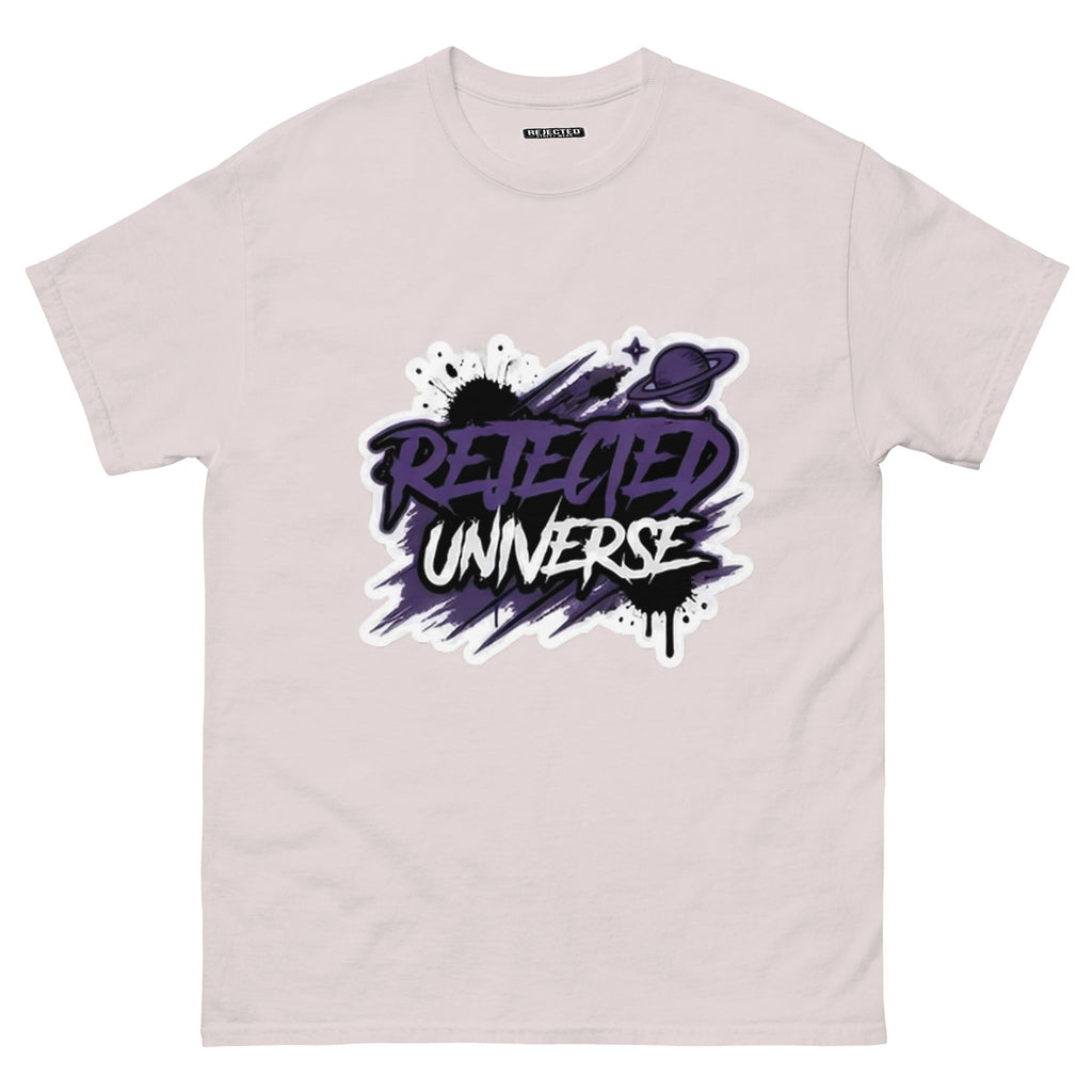 Rejected Universe logo tee in purple — leaning graffiti tag with an orbiting planet and spray splatter