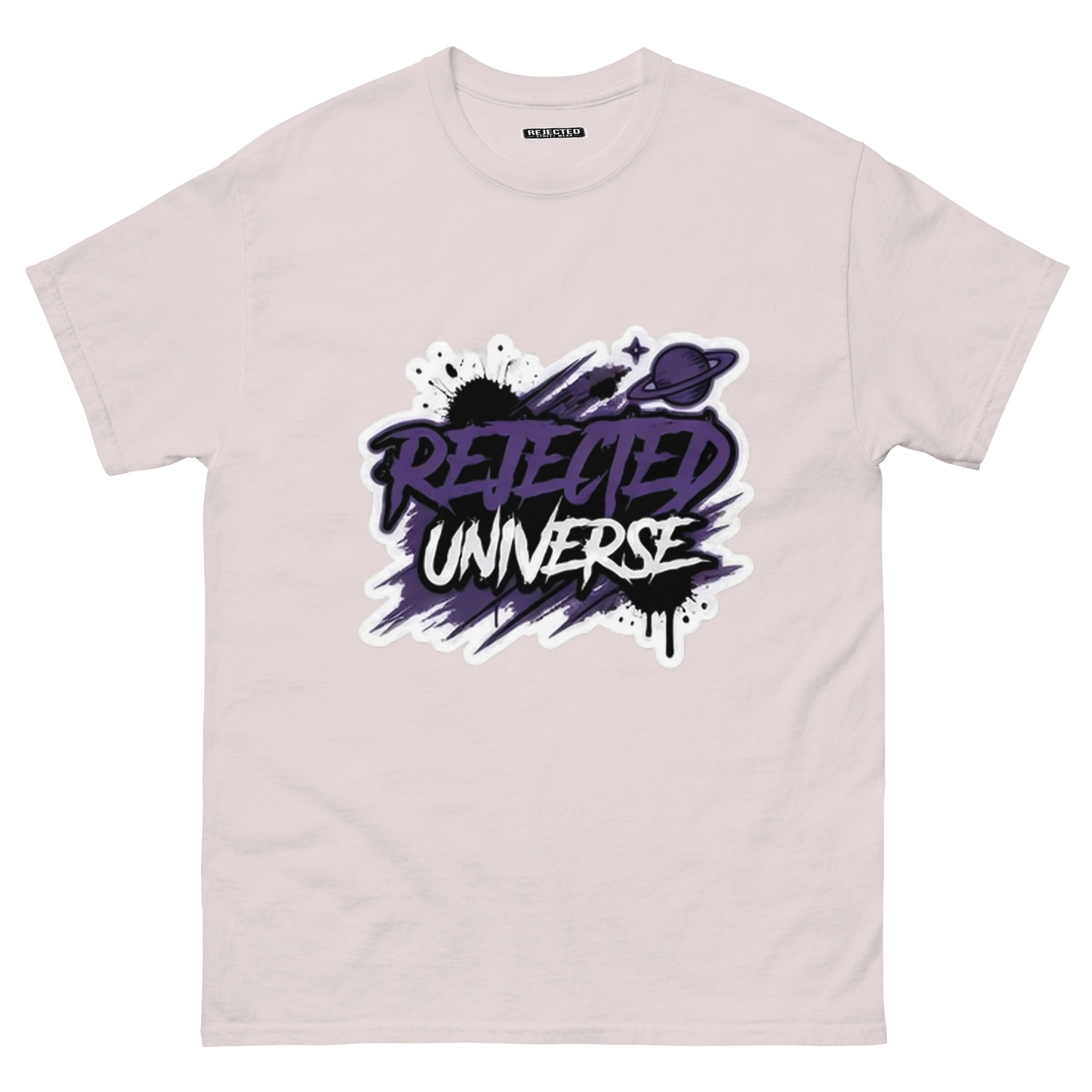 Rejected Universe logo tee in purple — leaning graffiti tag with an orbiting planet and spray splatter