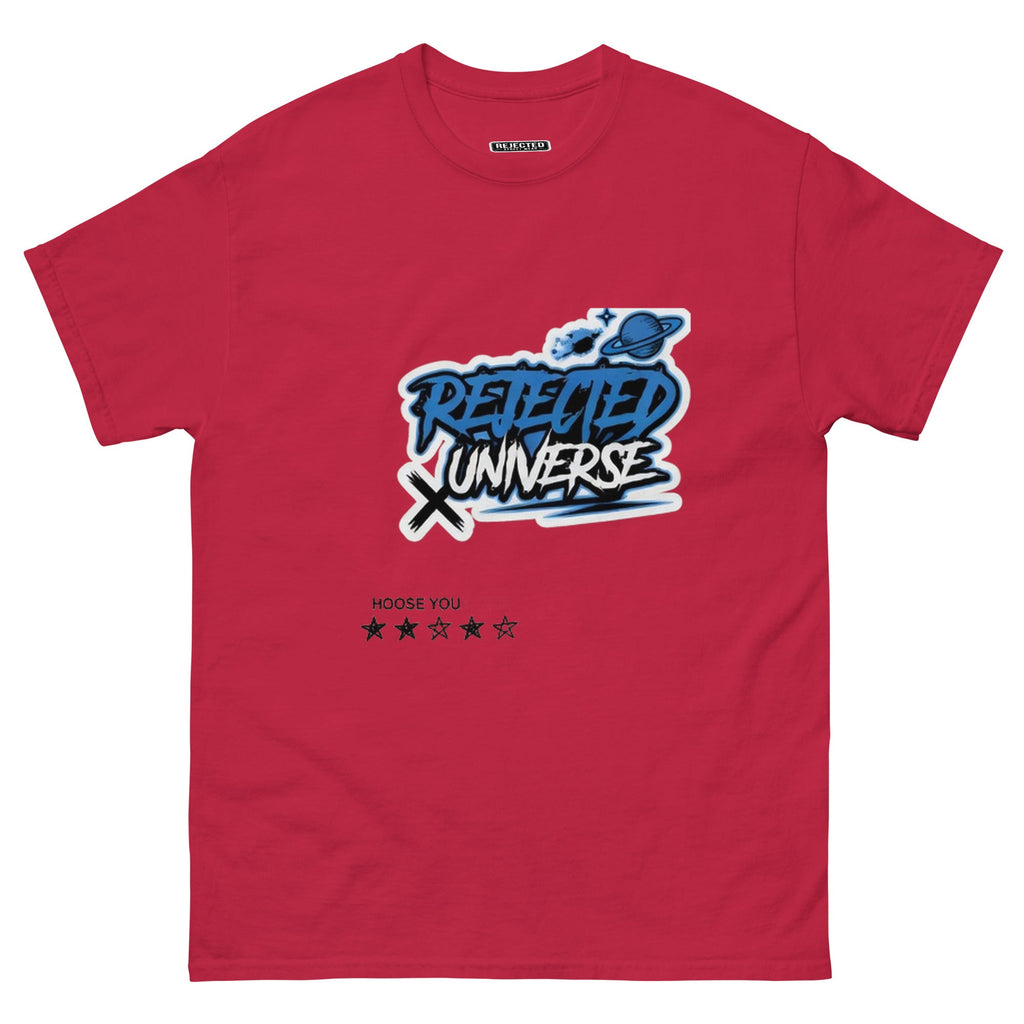 Rejected Universe logo tee in blue — graffiti tag with a planet and trailing stars