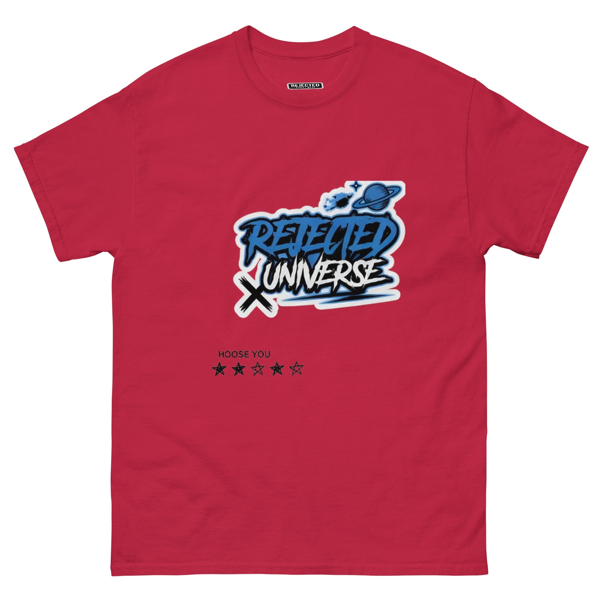 Rejected Universe logo tee in blue — graffiti tag with a planet and trailing stars