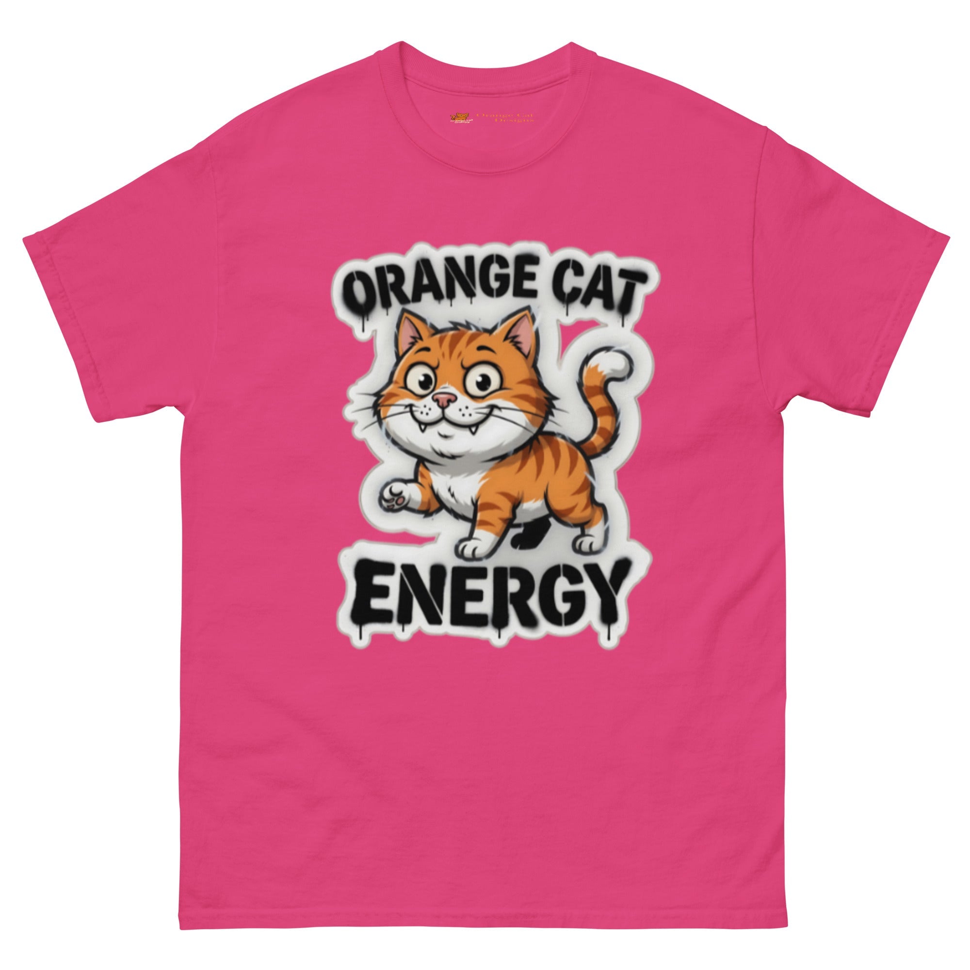 Orange Cat Energy tee — wide-eyed orange tabby mid-launch under drippy graffiti lettering