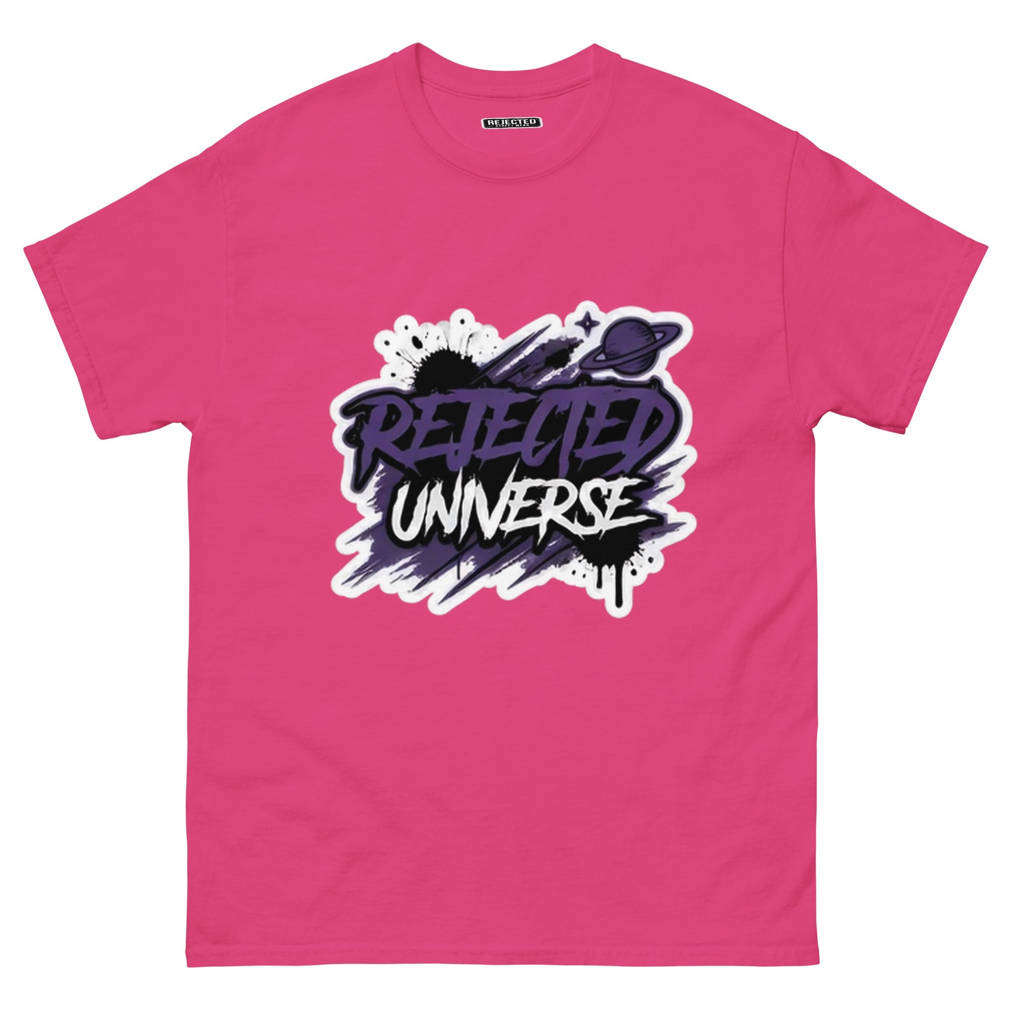 Rejected Universe logo tee in purple — leaning graffiti tag with an orbiting planet and spray splatter