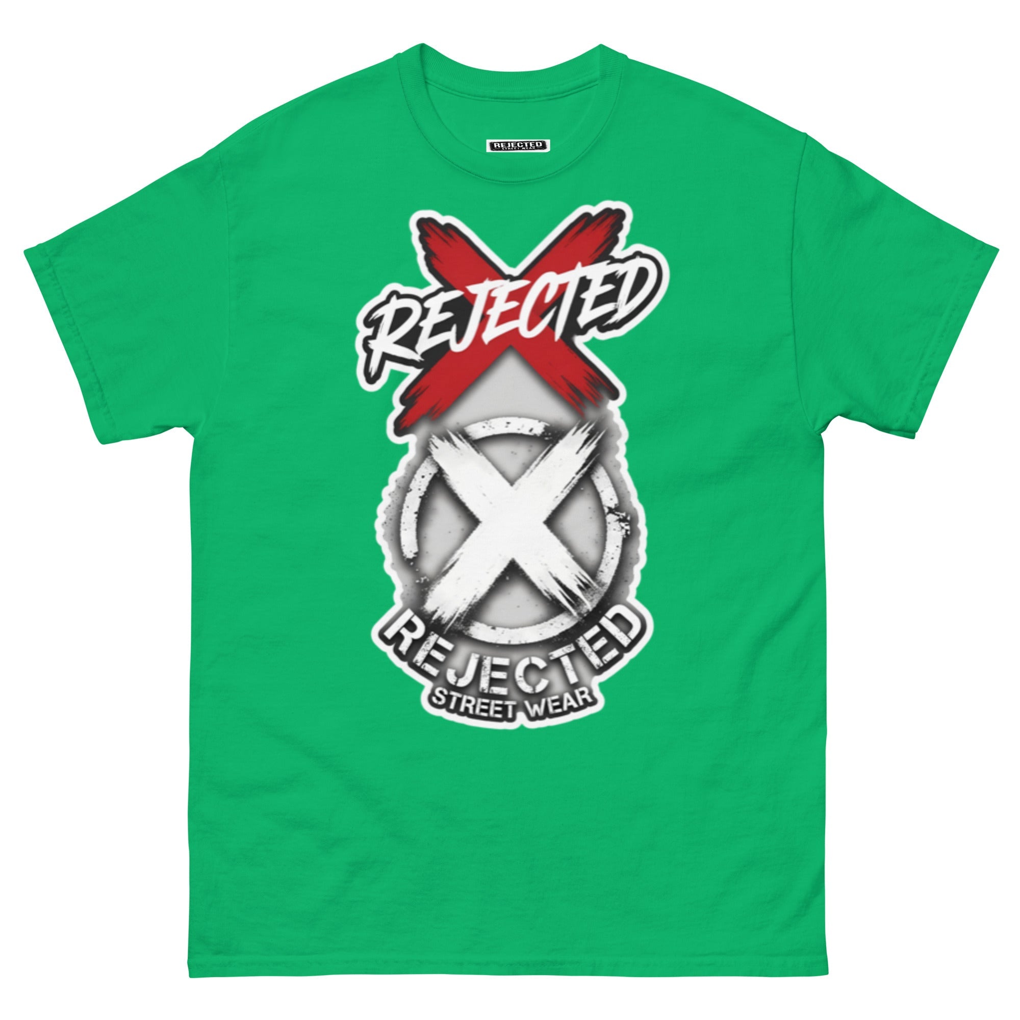 Reject Labels Be Human tee — REJECTED crossed out in red above the X emblem with the word Human underneath