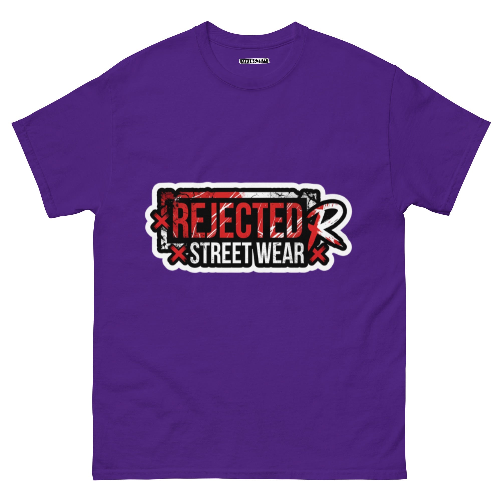 Rejected Street Wear red box logo tee — red-framed REJECTED STREET WEAR stamp with corner x marks and a red slash