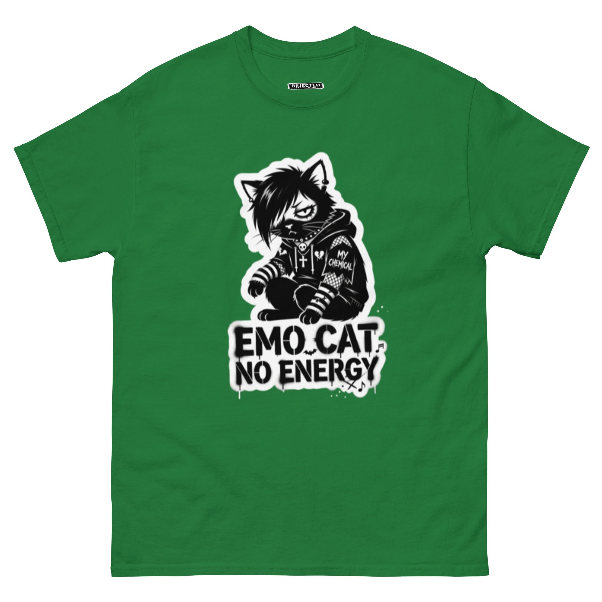 Emo Cat No Energy tee — grey cat with side-swept bangs and a patched hoodie under spray-paint lettering