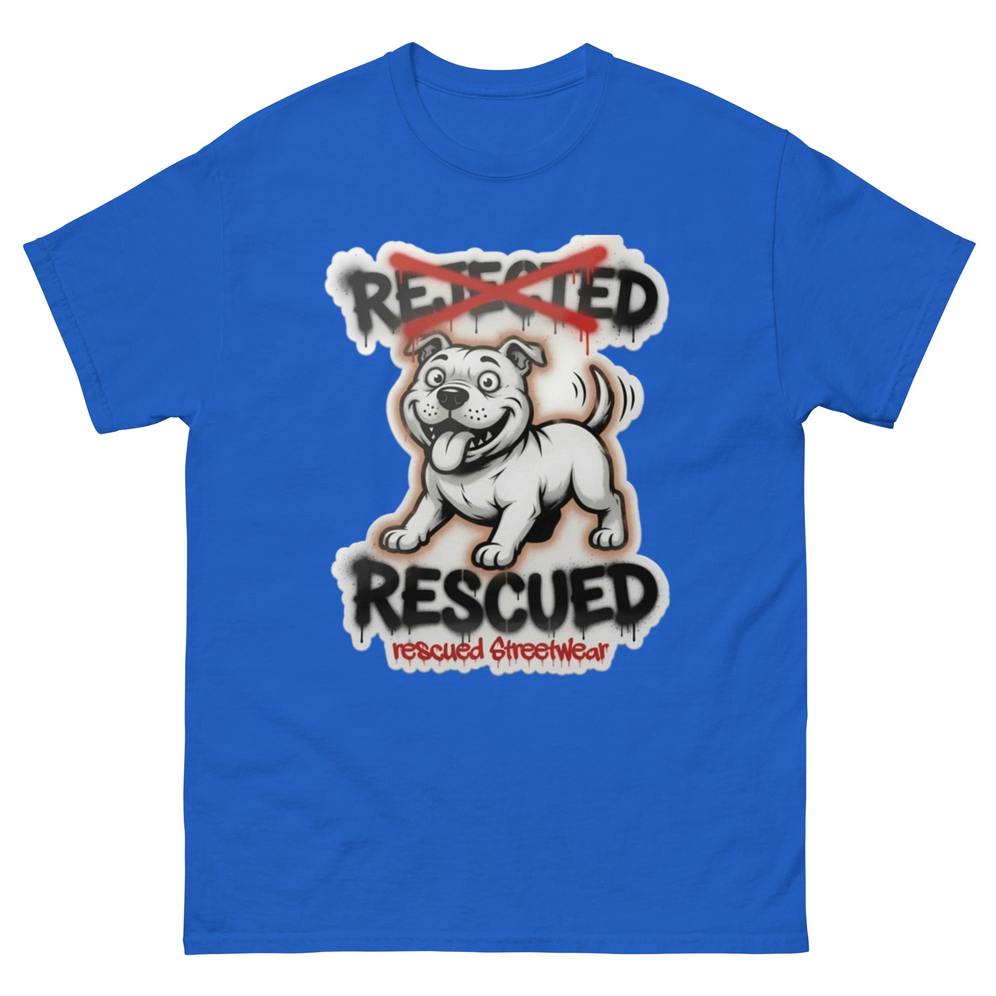 Rescued pit bull tee — white pit bull with REJECTED crossed out in red and RESCUED sprayed underneath