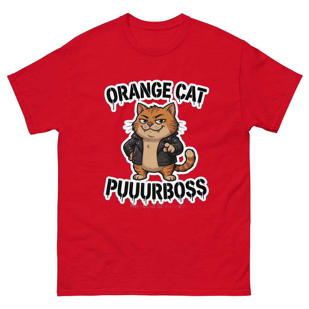 Purrboss orange cat tee — orange tabby in a leather jacket, arms crossed, under arched graffiti lettering