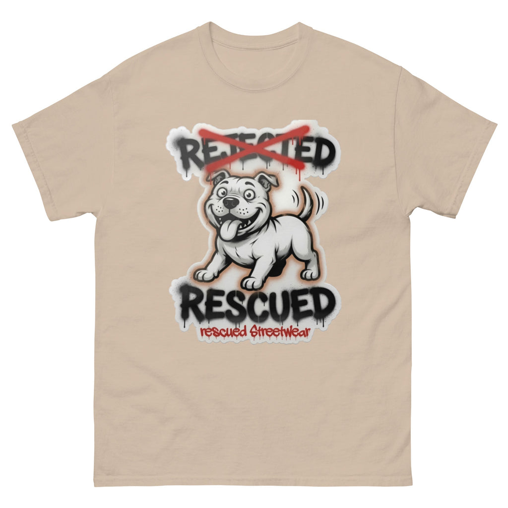 Rescued pit bull tee — white pit bull with REJECTED crossed out in red and RESCUED sprayed underneath