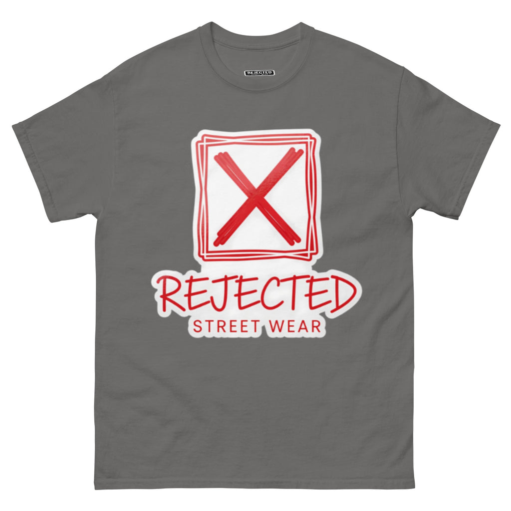 Rejected Street Wear box logo tee — hand-drawn red frame with a brushed X and REJECTED STREET WEAR in red beneath