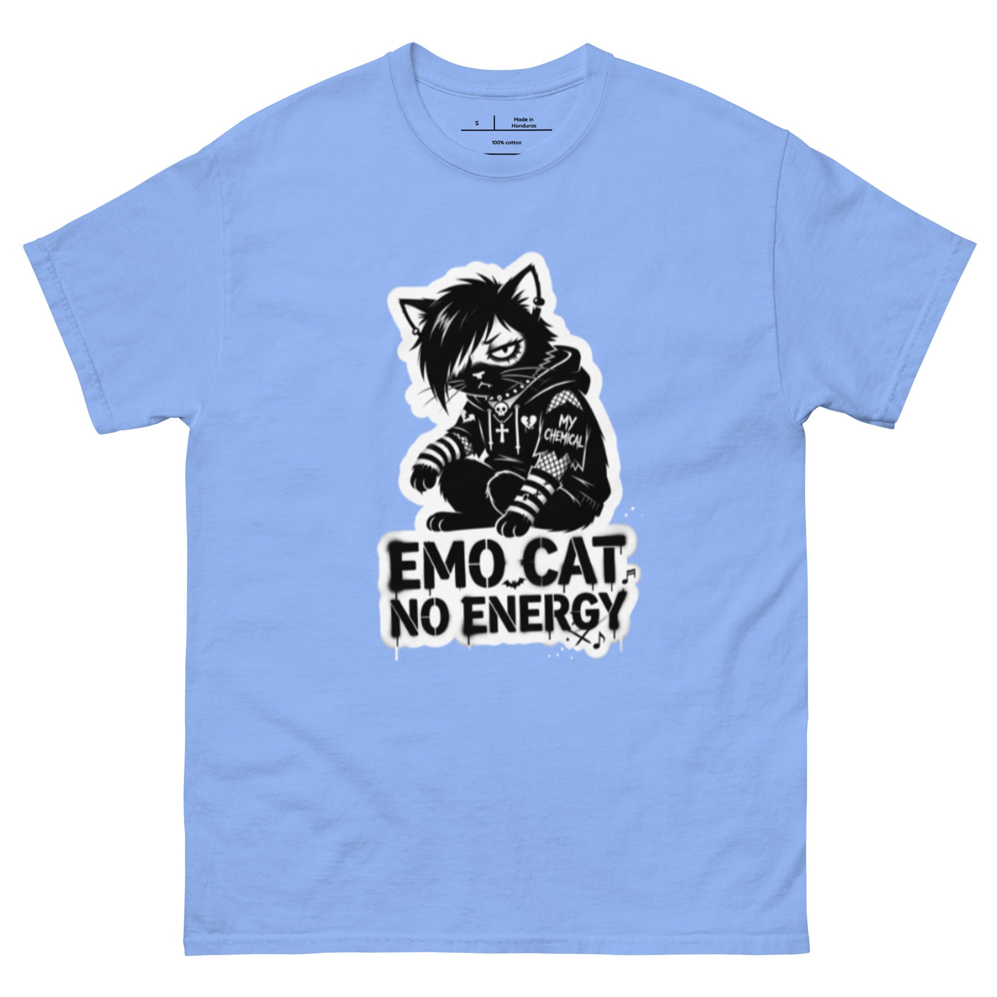 Emo Cat No Energy tee — grey cat with side-swept bangs and a patched hoodie under spray-paint lettering