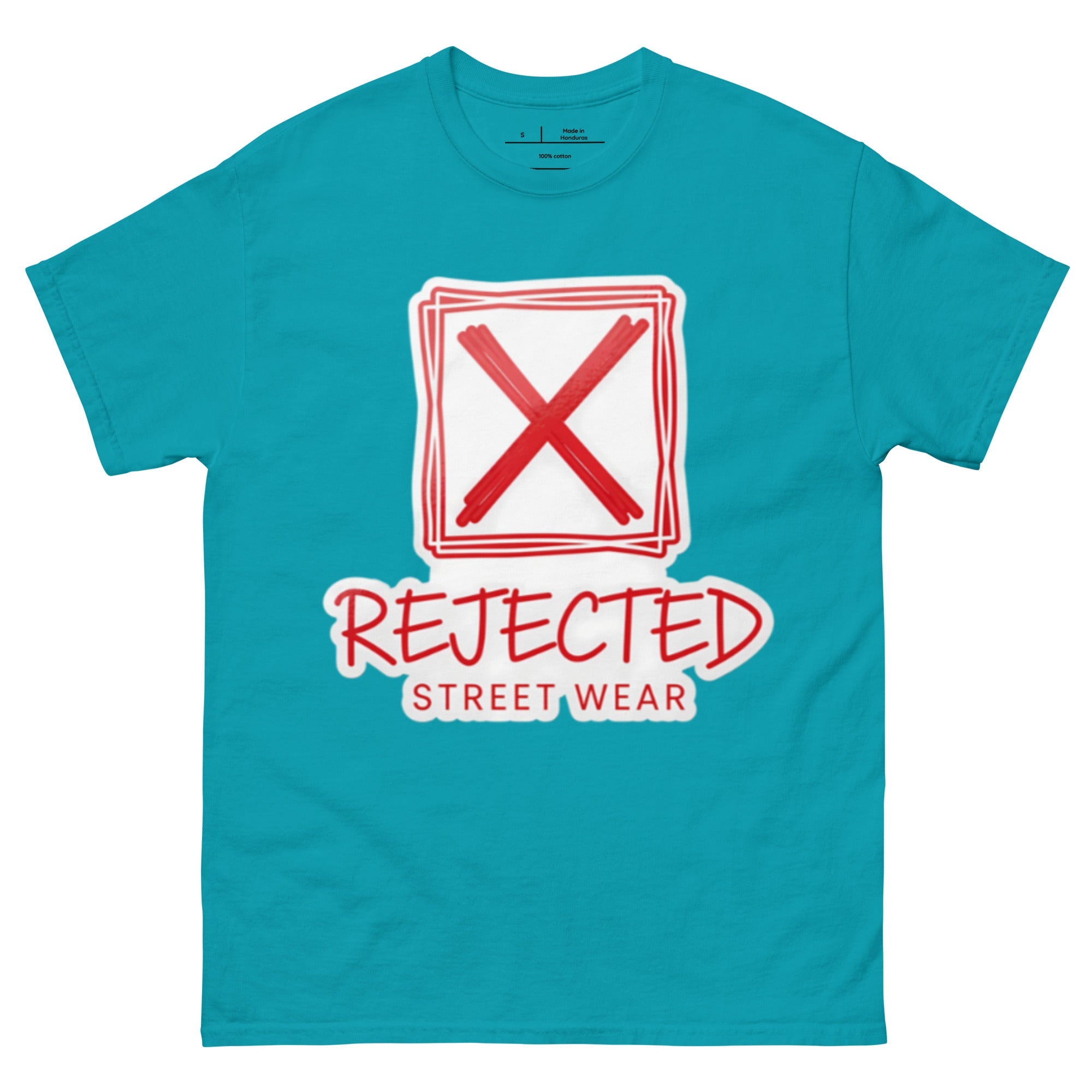Rejected Street Wear box logo tee — hand-drawn red frame with a brushed X and REJECTED STREET WEAR in red beneath