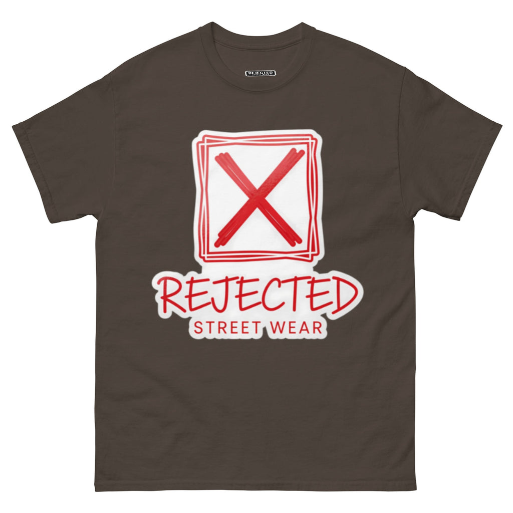 Rejected Street Wear box logo tee — hand-drawn red frame with a brushed X and REJECTED STREET WEAR in red beneath
