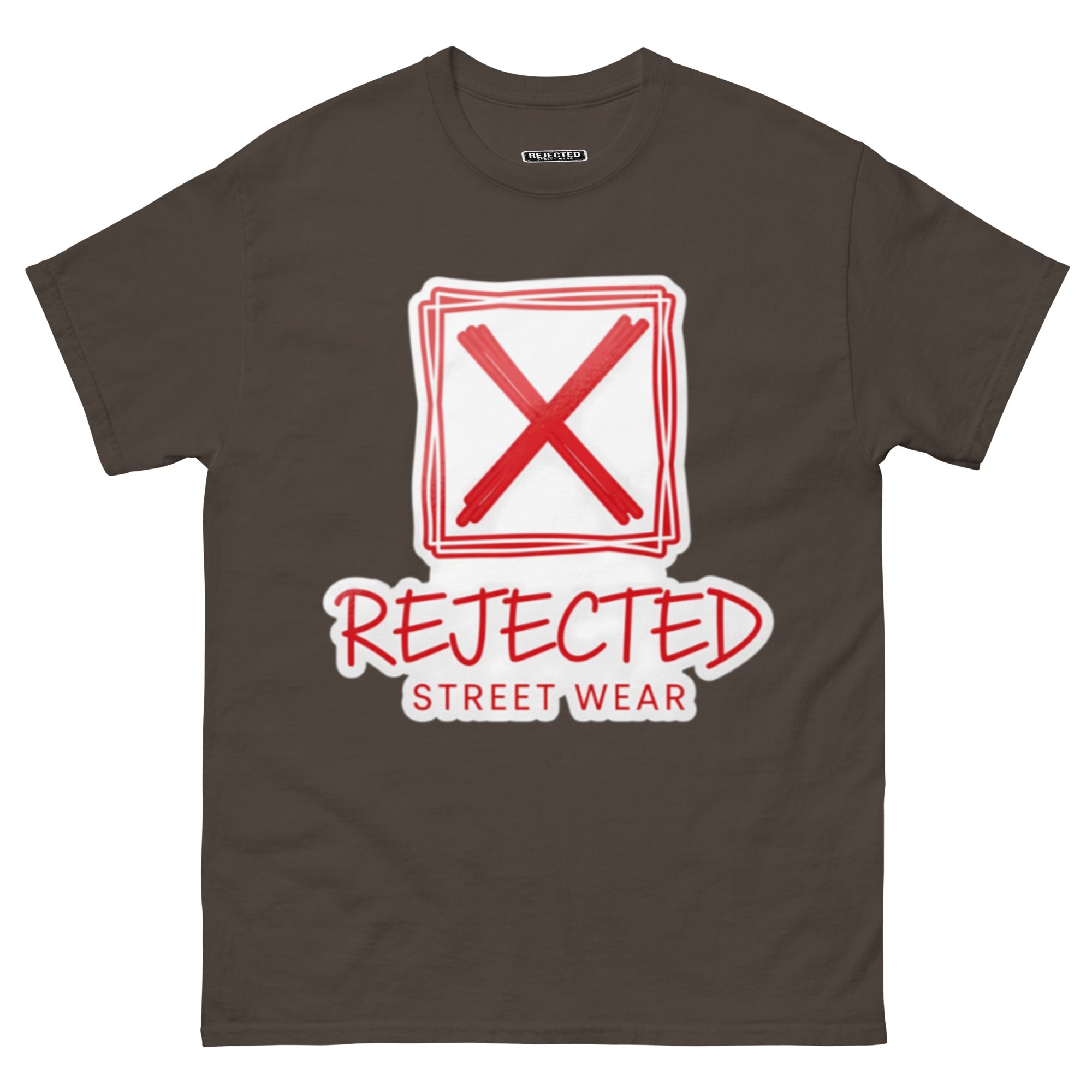 Rejected Street Wear box logo tee — hand-drawn red frame with a brushed X and REJECTED STREET WEAR in red beneath