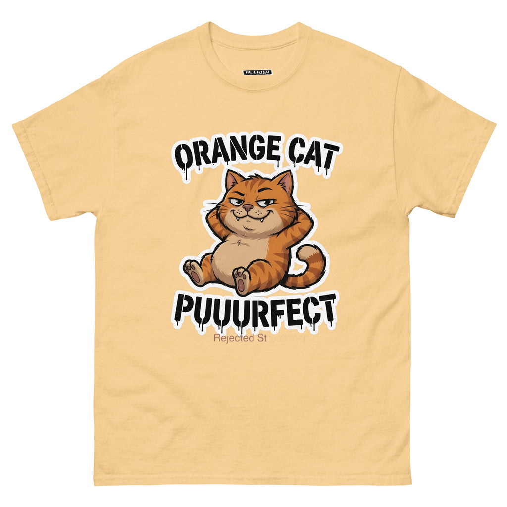 Orange Cat Puuurfect tee — chunky reclined orange tabby under arched drippy graffiti lettering