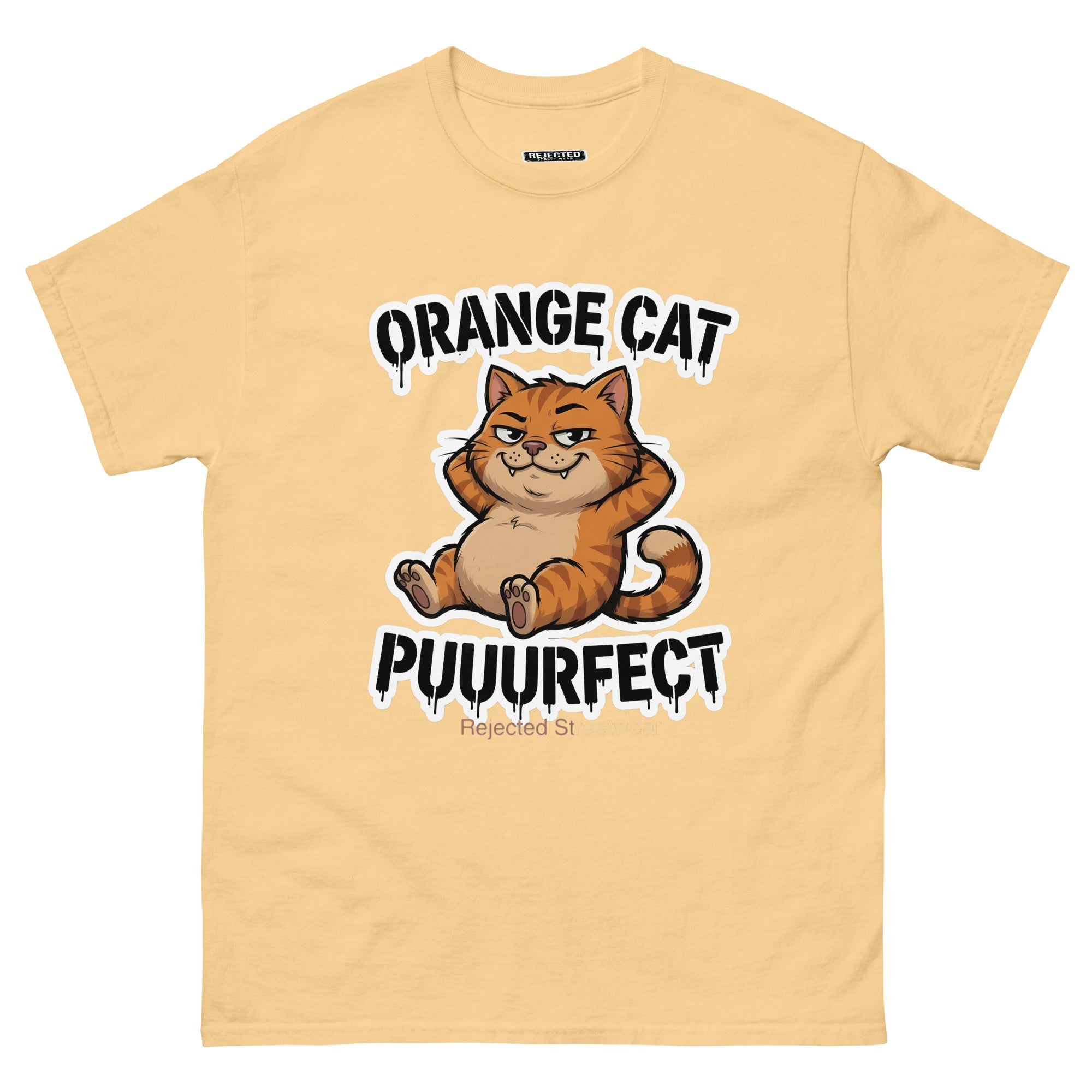 Orange Cat Puuurfect tee — chunky reclined orange tabby under arched drippy graffiti lettering
