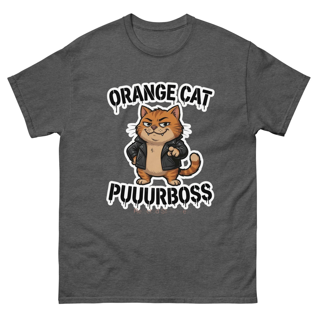 Purrboss orange cat tee — orange tabby in a leather jacket, arms crossed, under arched graffiti lettering