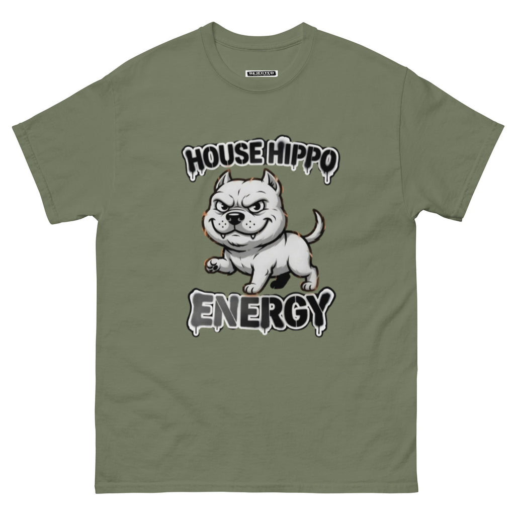 House Hippo Energy tee — stocky bully dog mid-stomp under drippy graffiti lettering