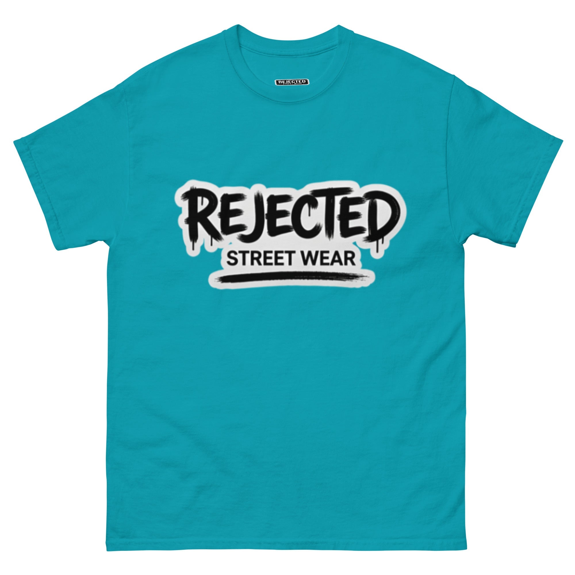 Rejected Street Wear graffiti logo tee — REJECTED in dripping spray-paint script over underlined STREET WEAR