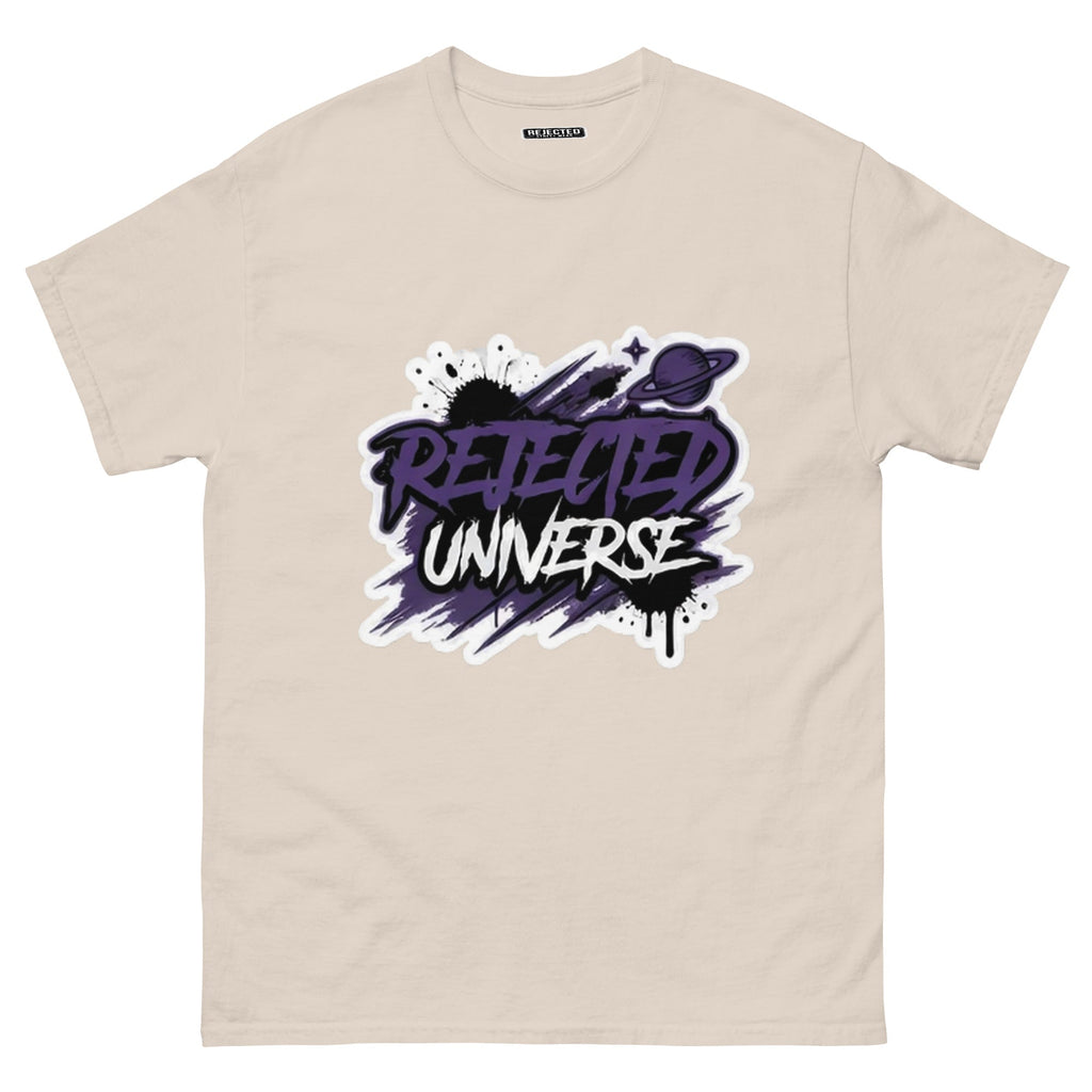 Rejected Universe logo tee in purple — leaning graffiti tag with an orbiting planet and spray splatter