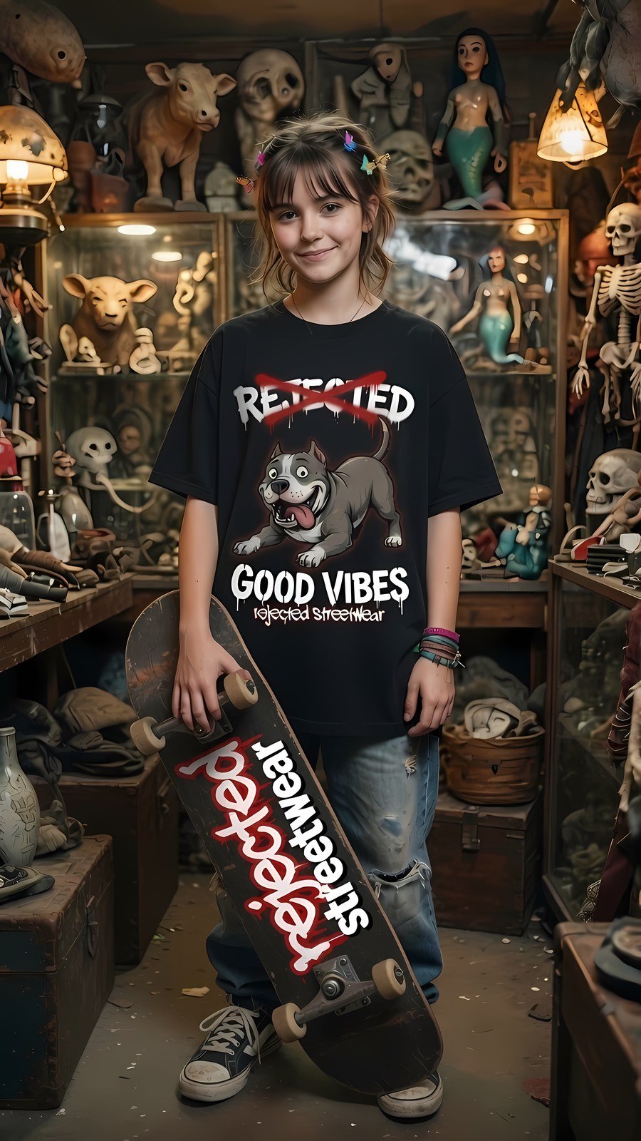 Good Vibes pit bull tee — grey pit bull mid-sprint with tongue out, REJECTED struck through in red
