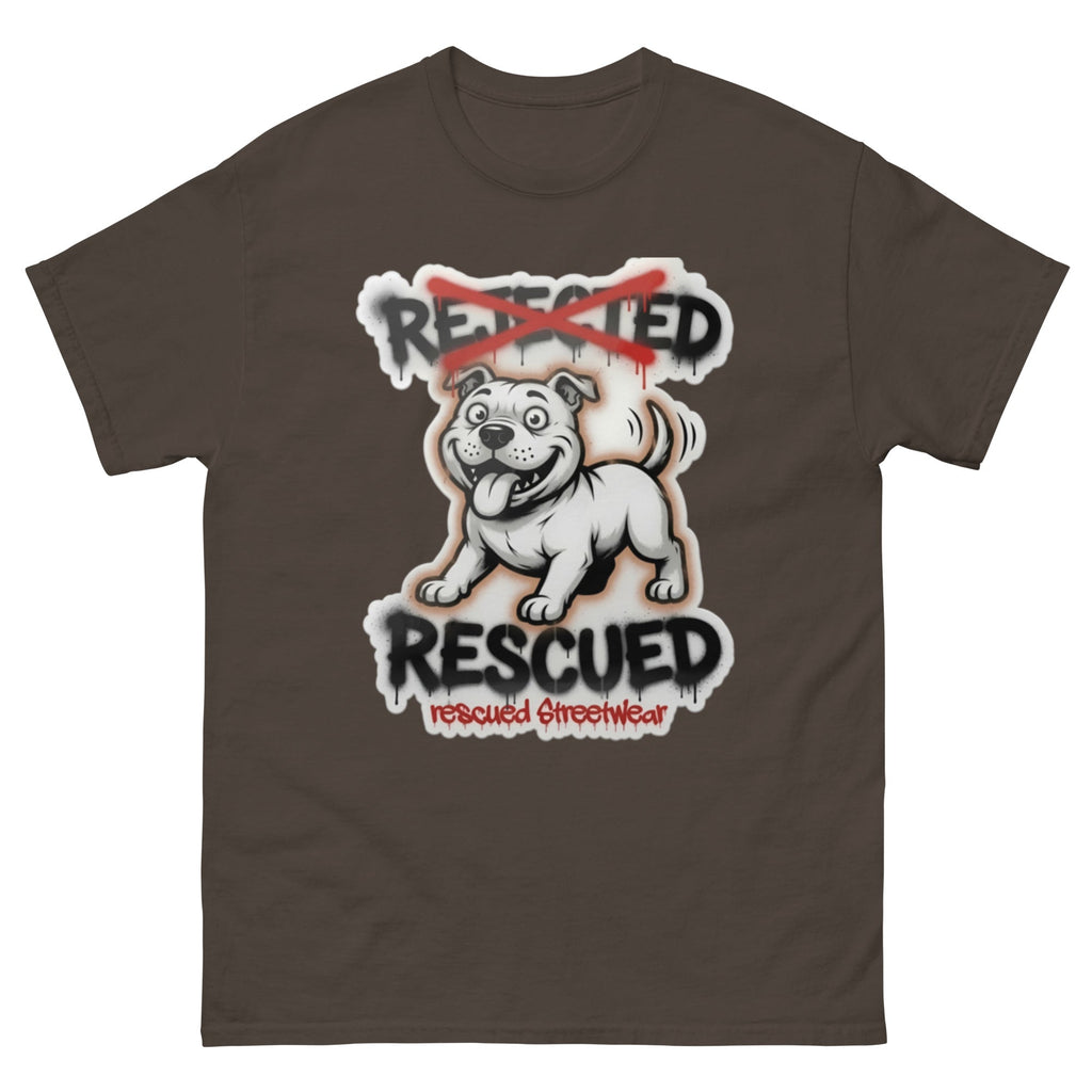 Rescued pit bull tee — white pit bull with REJECTED crossed out in red and RESCUED sprayed underneath