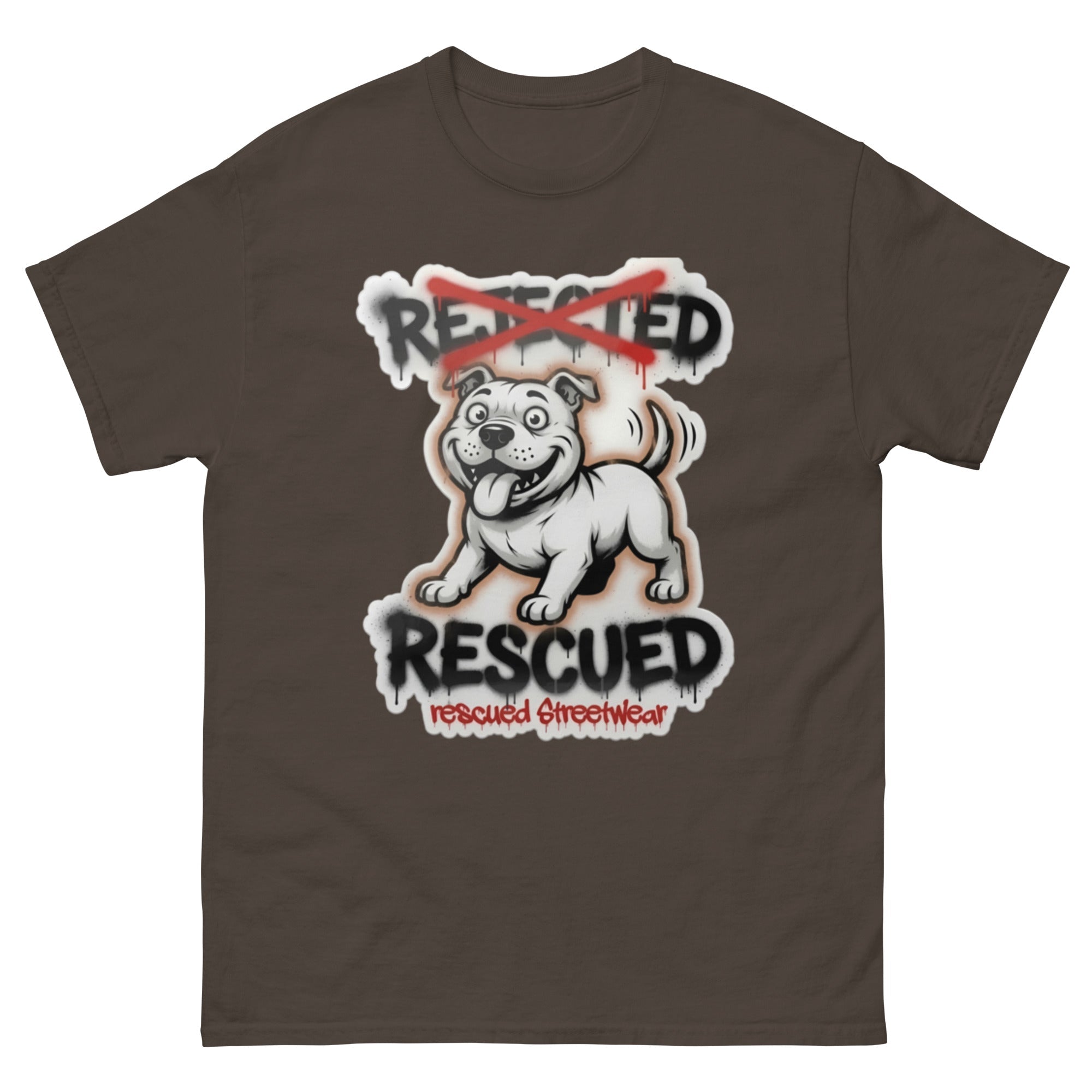 Rescued pit bull tee — white pit bull with REJECTED crossed out in red and RESCUED sprayed underneath