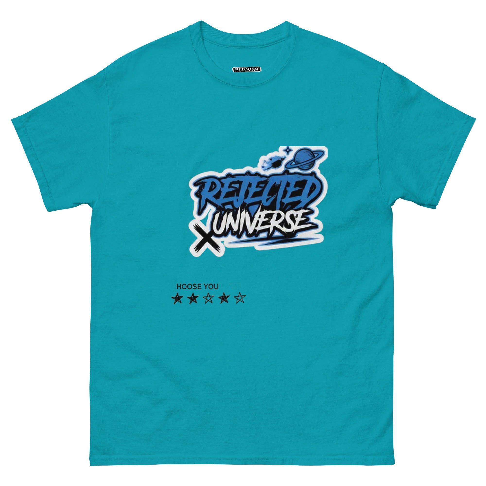 Rejected Universe logo tee in blue — graffiti tag with a planet and trailing stars