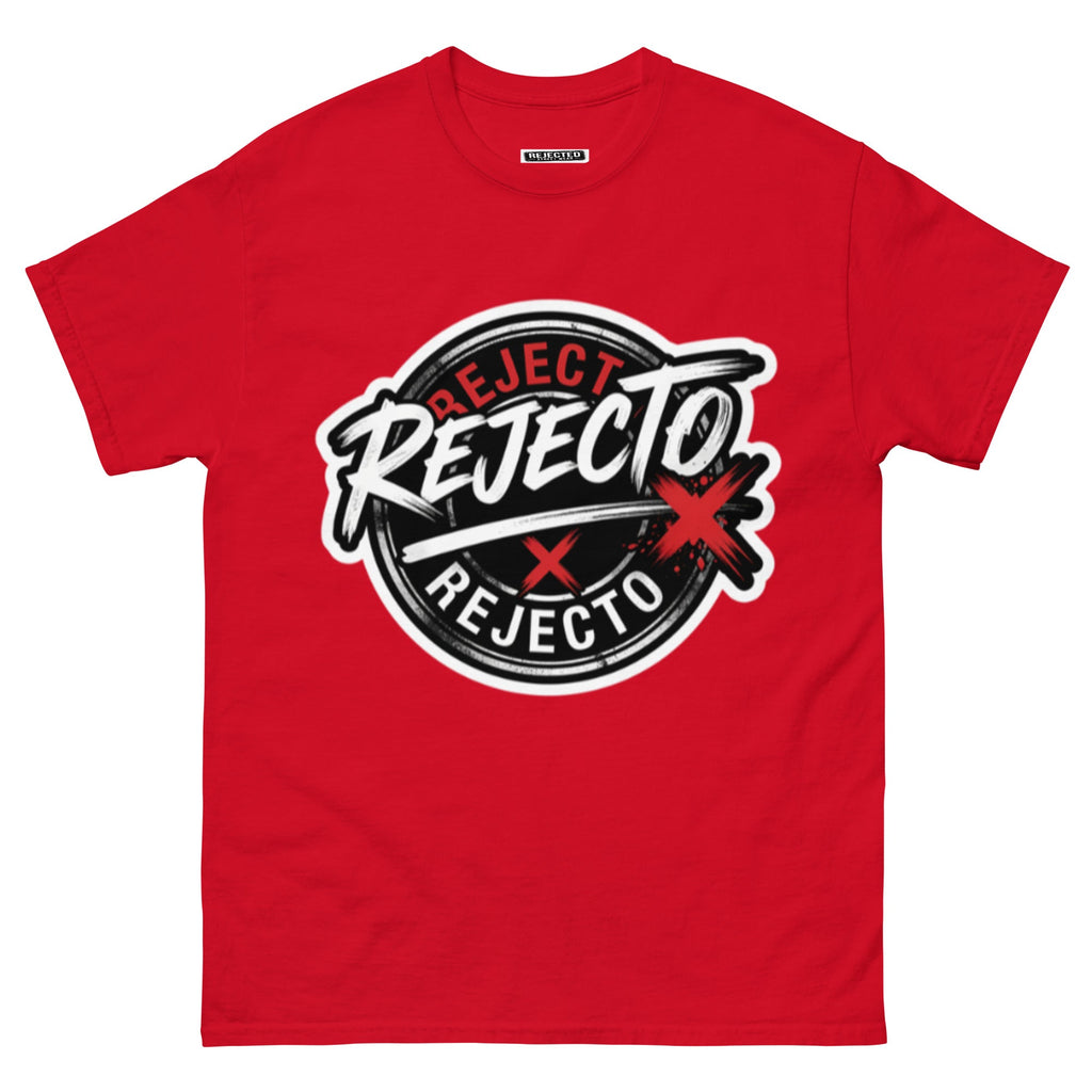 Rejected Street Wear emblem tee — black circle badge with white brush script and a red X slash