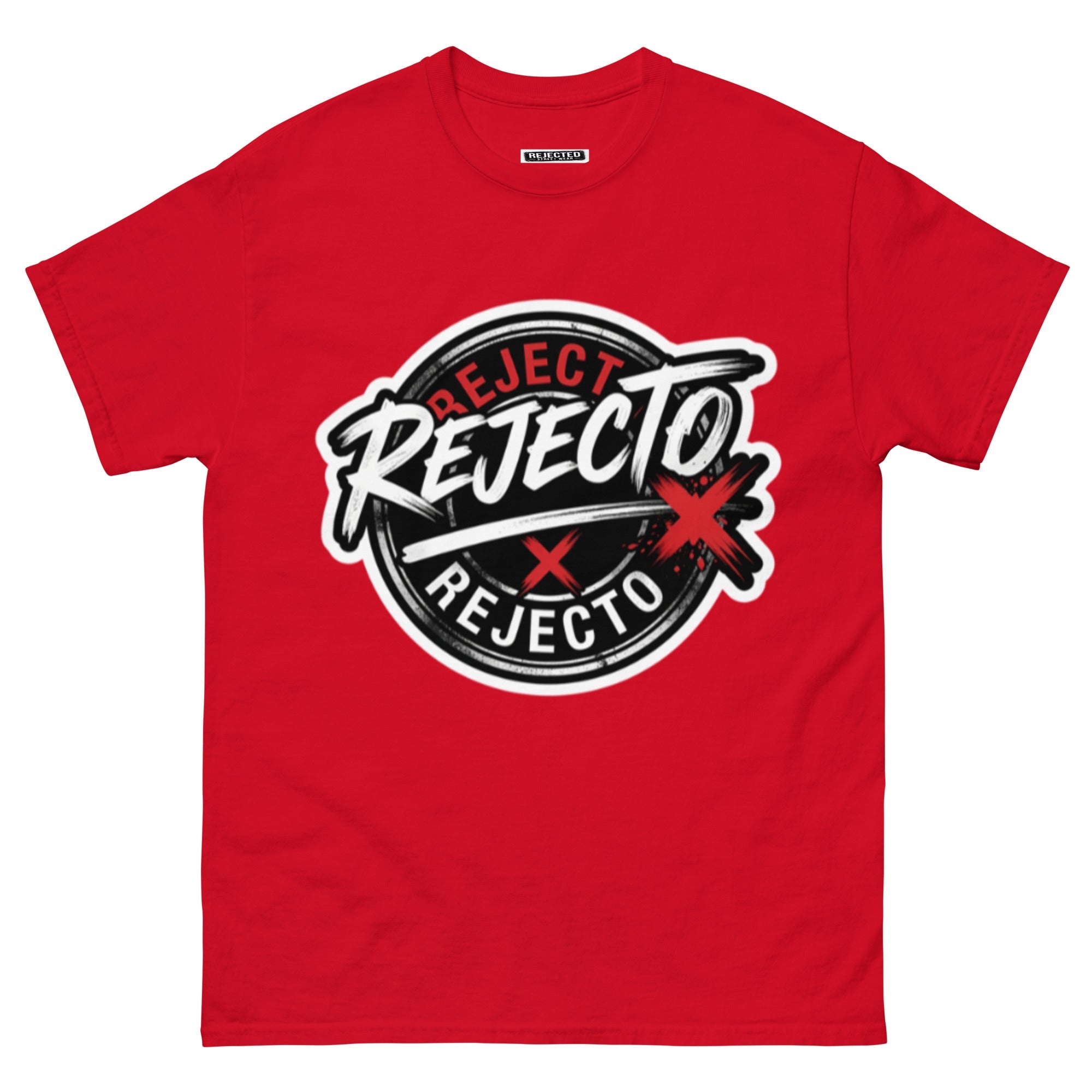 Rejected Street Wear emblem tee — black circle badge with white brush script and a red X slash