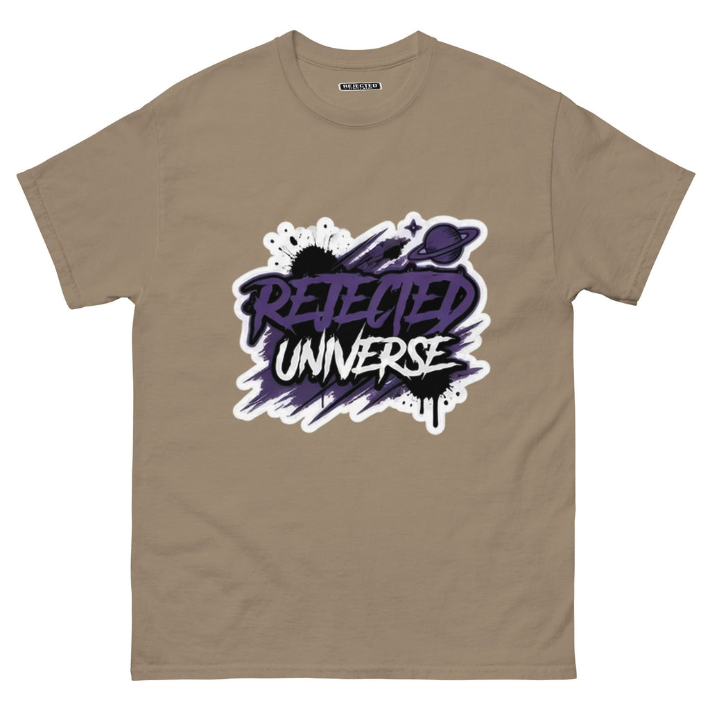 Rejected Universe logo tee in purple — leaning graffiti tag with an orbiting planet and spray splatter