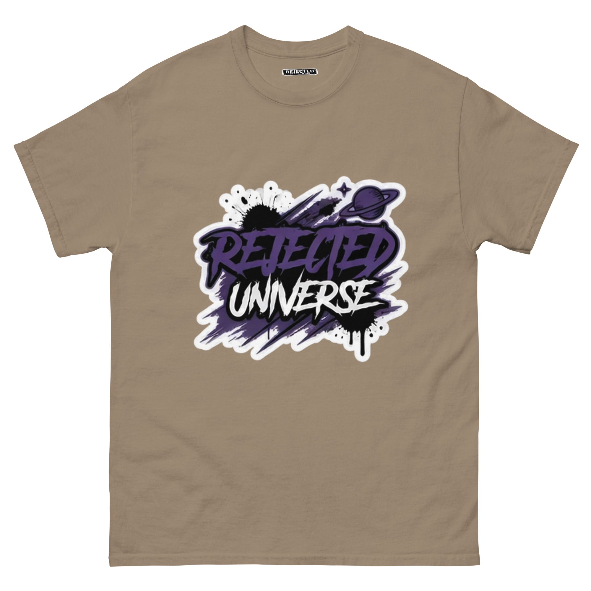 Rejected Universe logo tee in purple — leaning graffiti tag with an orbiting planet and spray splatter