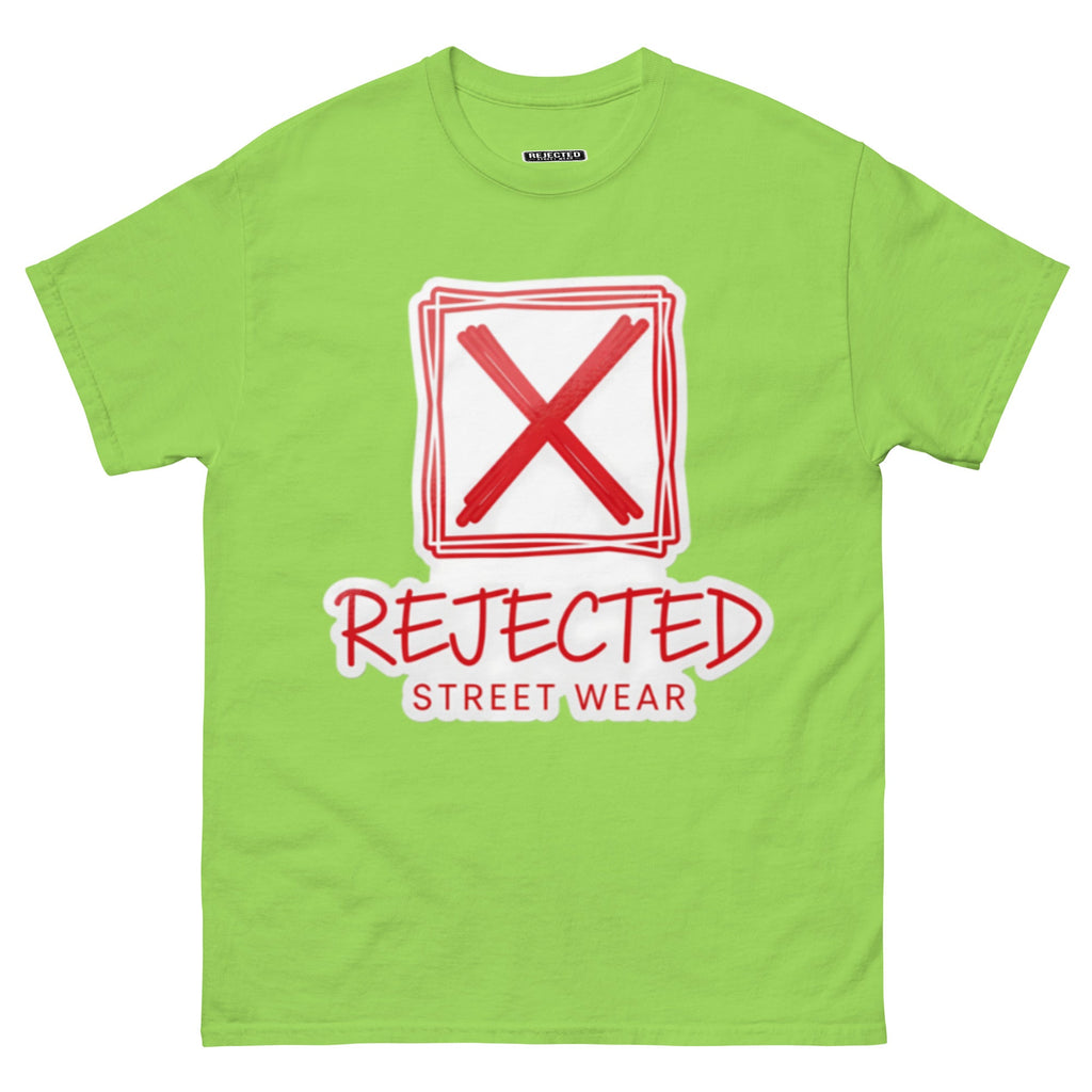 Rejected Street Wear box logo tee — hand-drawn red frame with a brushed X and REJECTED STREET WEAR in red beneath