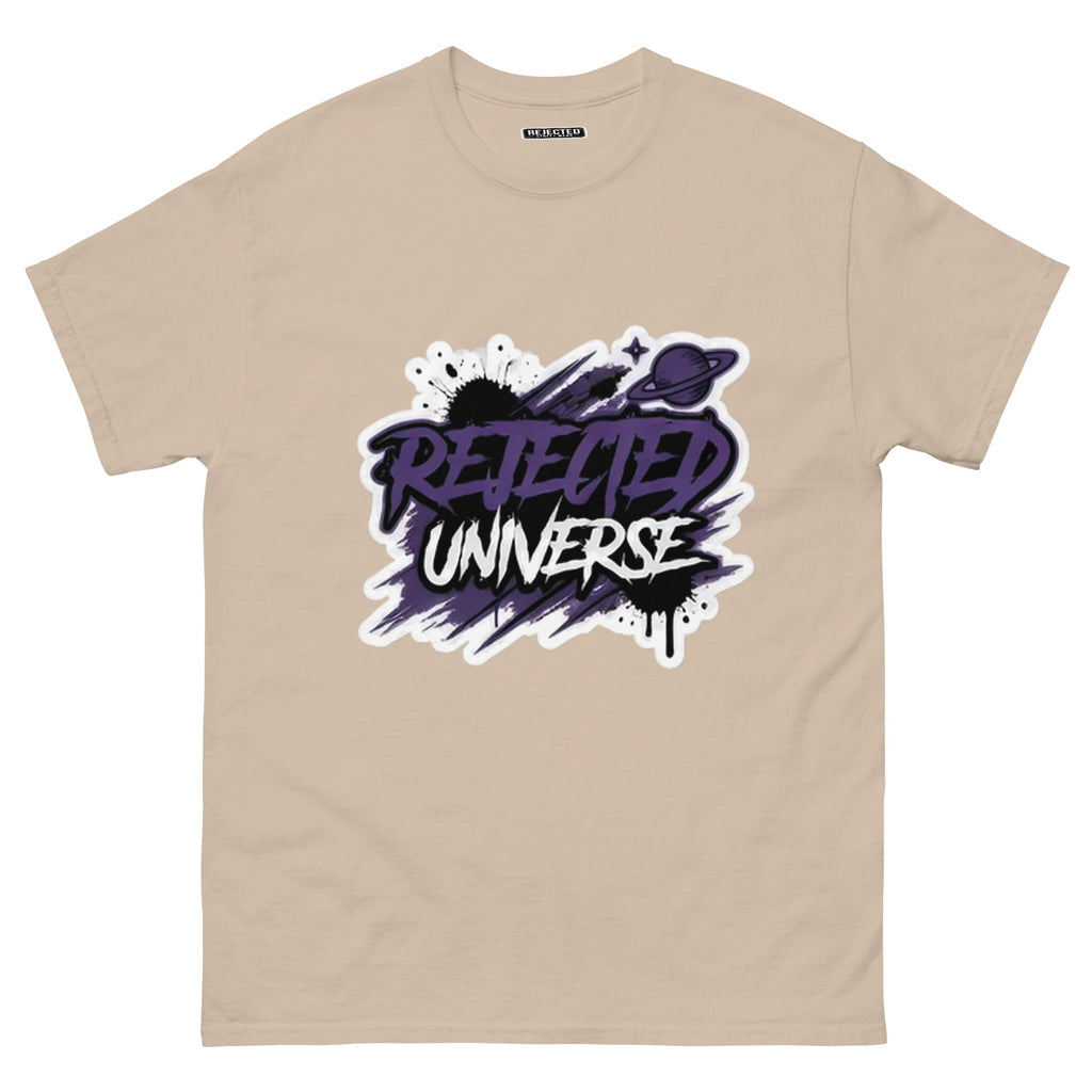 Rejected Universe logo tee in purple — leaning graffiti tag with an orbiting planet and spray splatter
