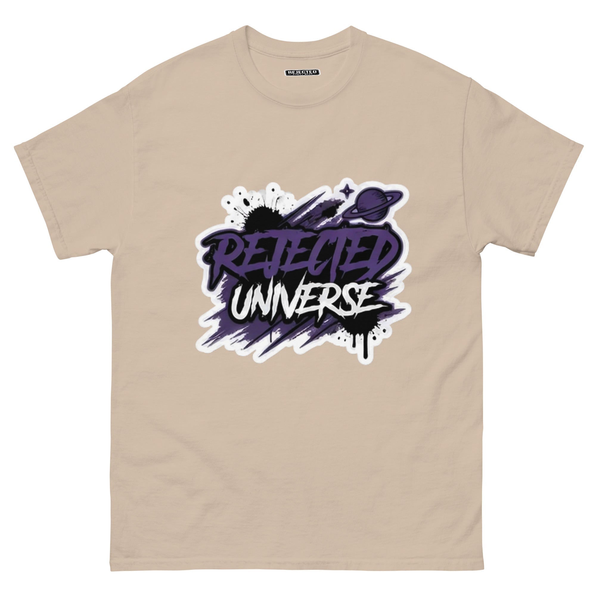 Rejected Universe logo tee in purple — leaning graffiti tag with an orbiting planet and spray splatter