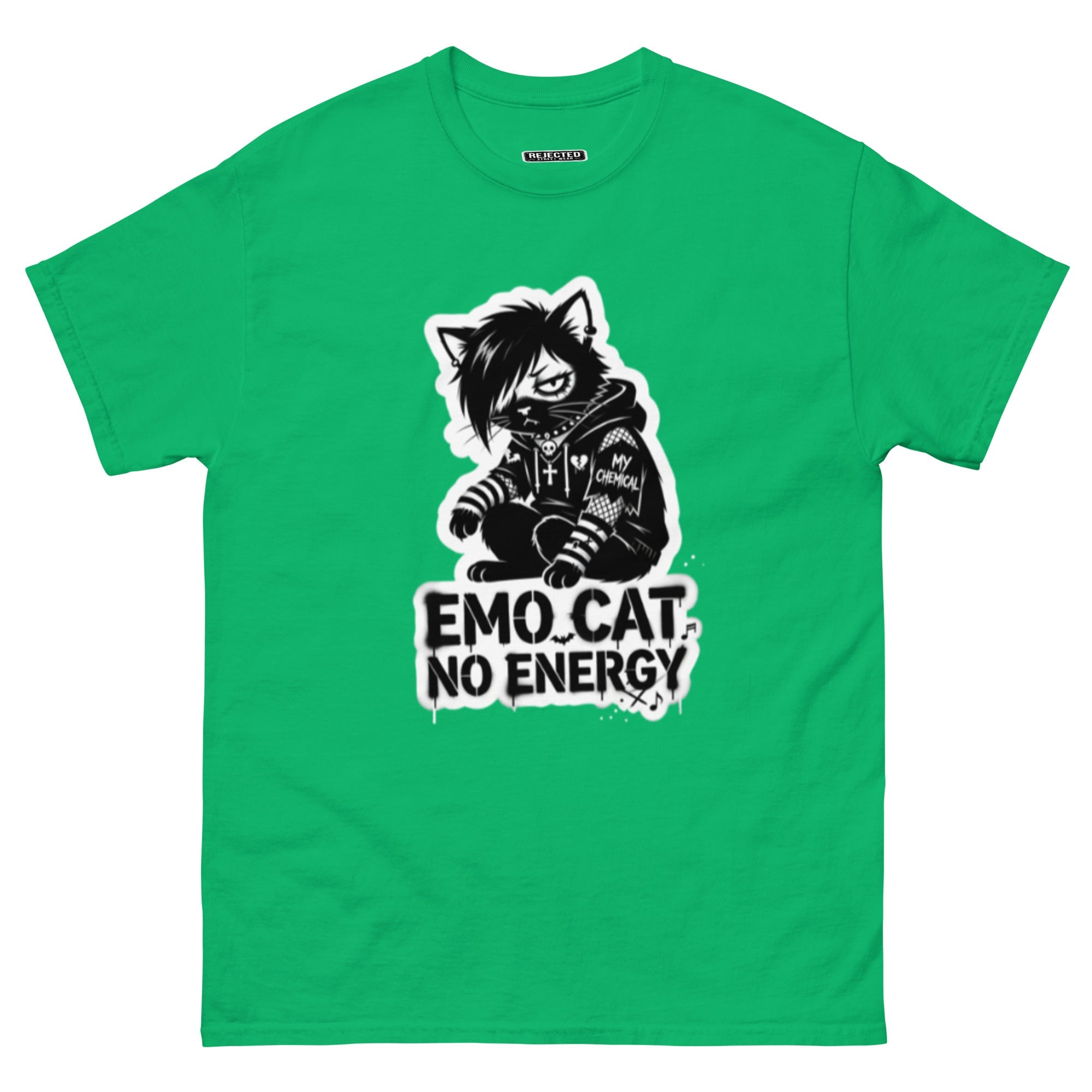 Emo Cat No Energy tee — grey cat with side-swept bangs and a patched hoodie under spray-paint lettering