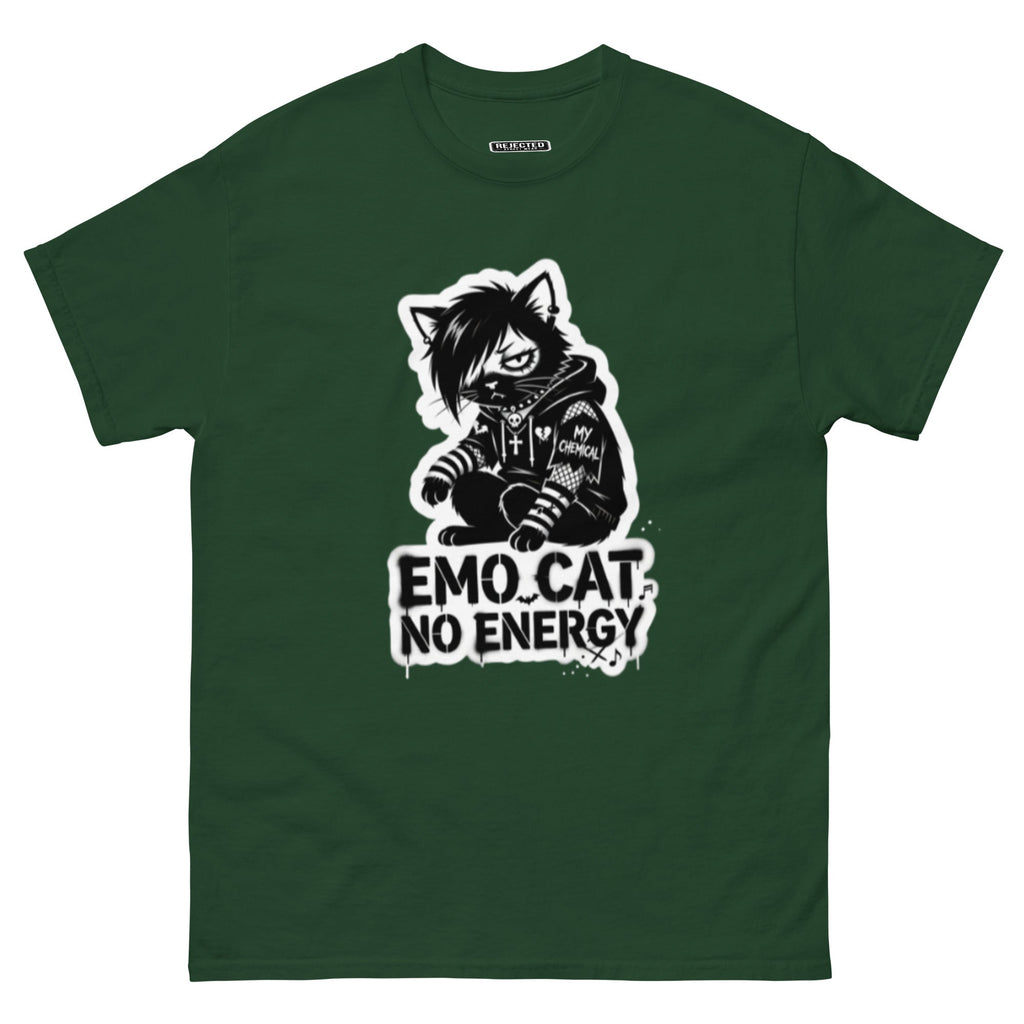 Emo Cat No Energy tee — grey cat with side-swept bangs and a patched hoodie under spray-paint lettering