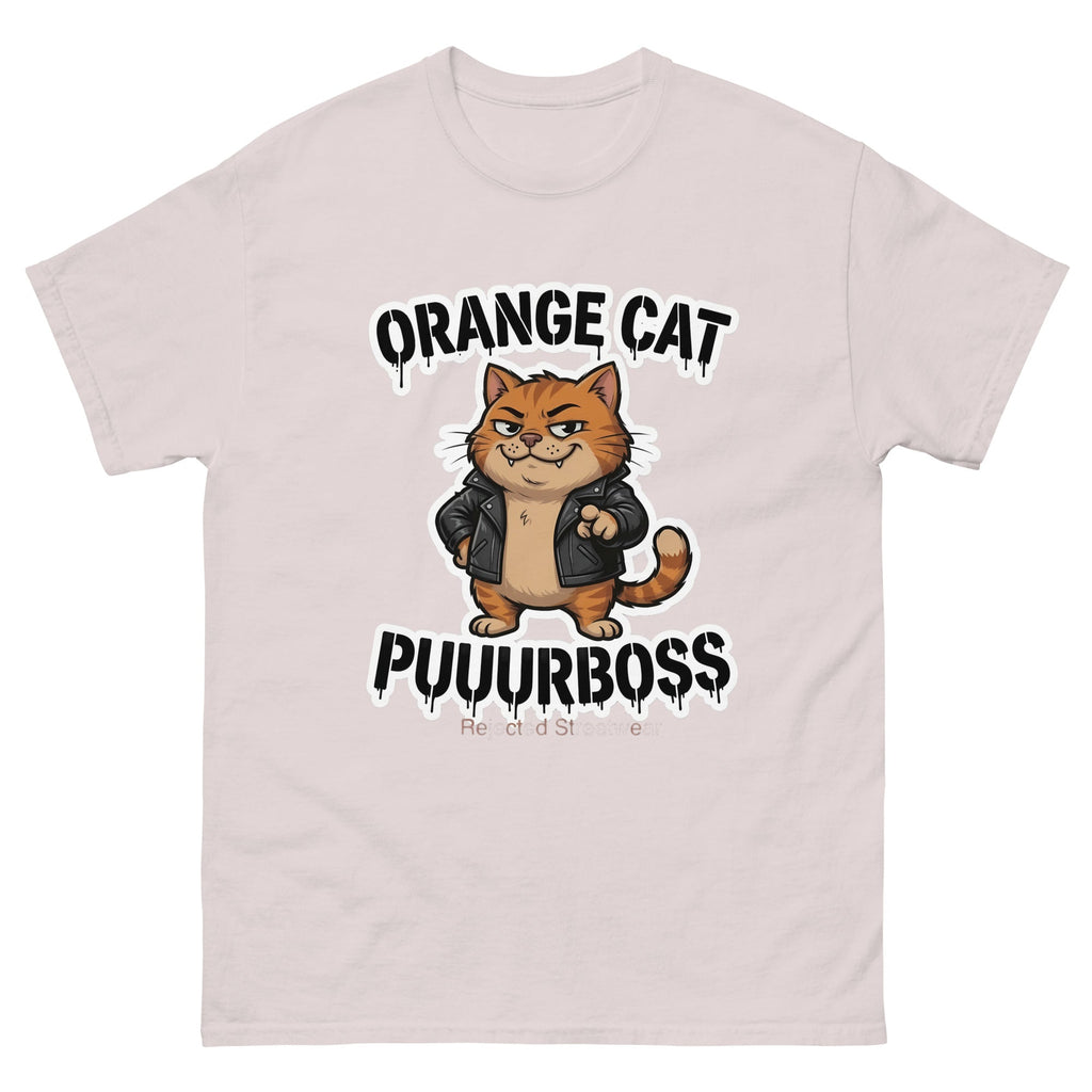 Purrboss orange cat tee — orange tabby in a leather jacket, arms crossed, under arched graffiti lettering