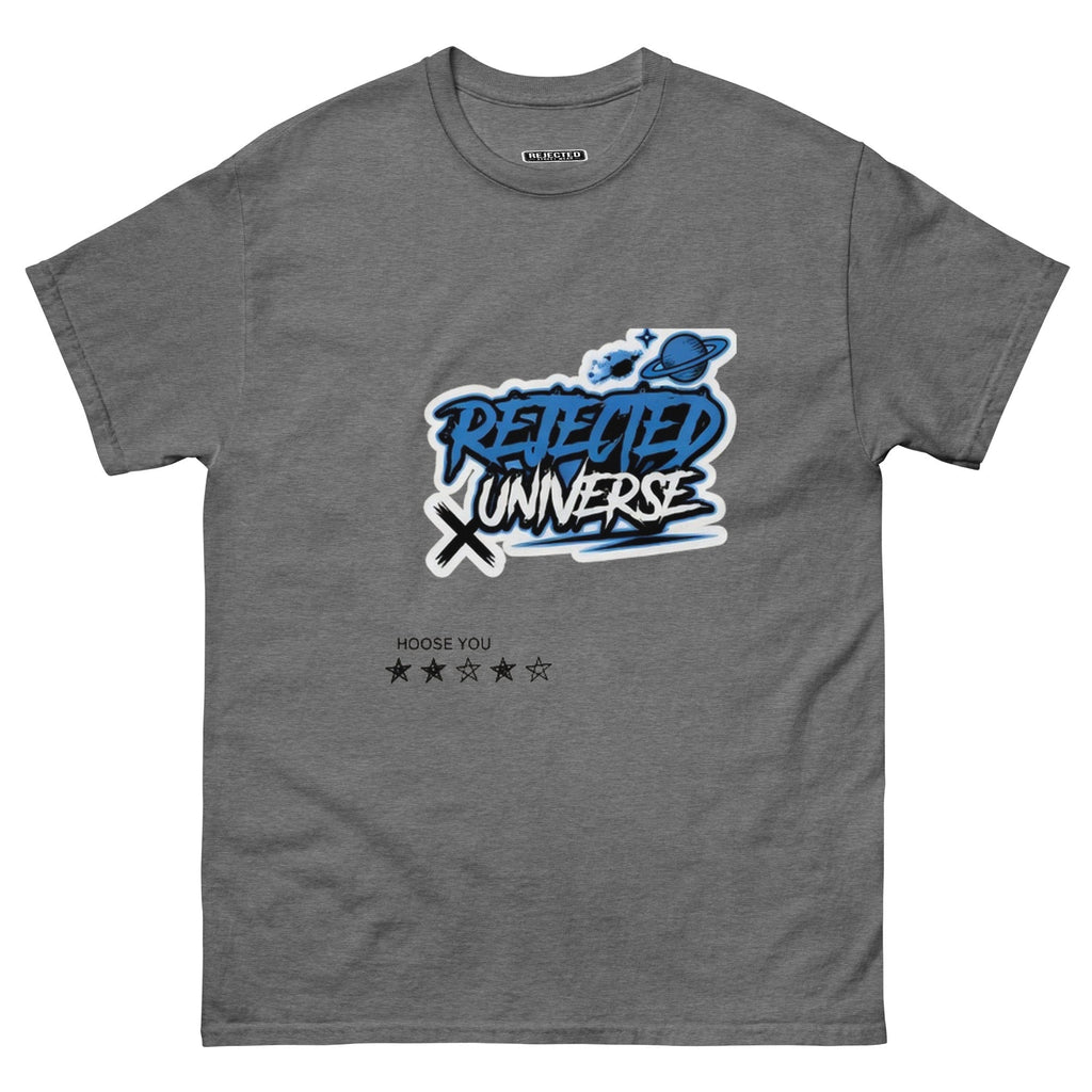 Rejected Universe logo tee in blue — graffiti tag with a planet and trailing stars