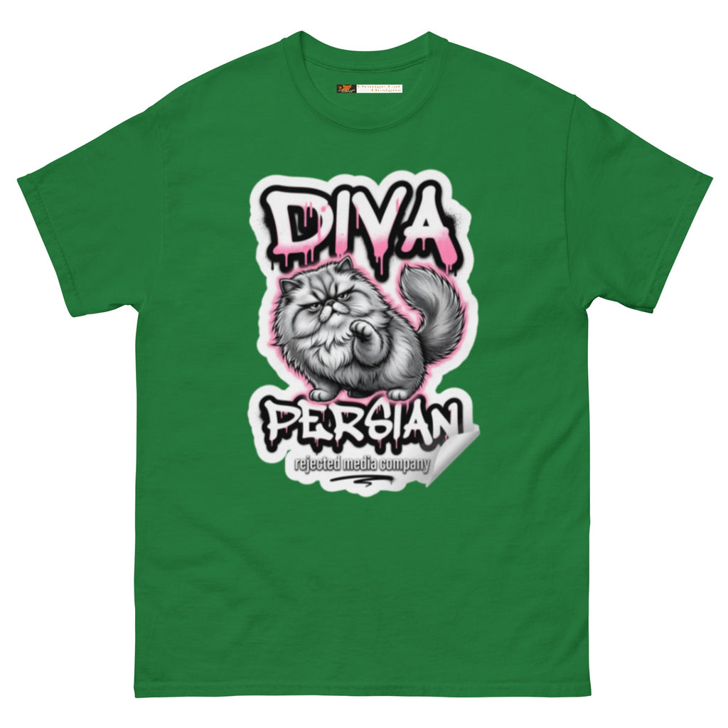 Diva Persian cat tee — fluffed-out Persian cat with an unimpressed face under pink graffiti drip lettering