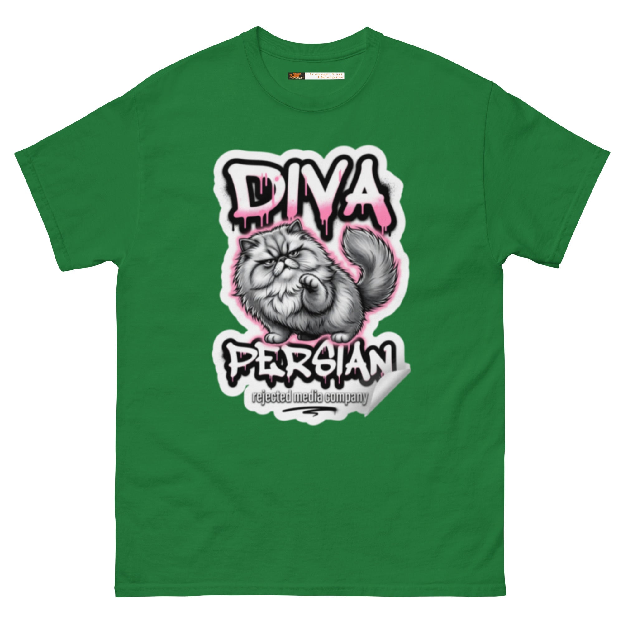 Diva Persian cat tee — fluffed-out Persian cat with an unimpressed face under pink graffiti drip lettering