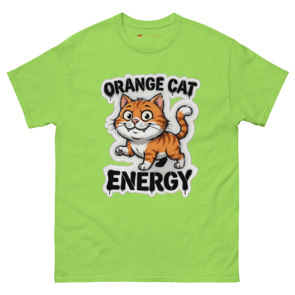 Orange Cat Energy tee — wide-eyed orange tabby mid-launch under drippy graffiti lettering