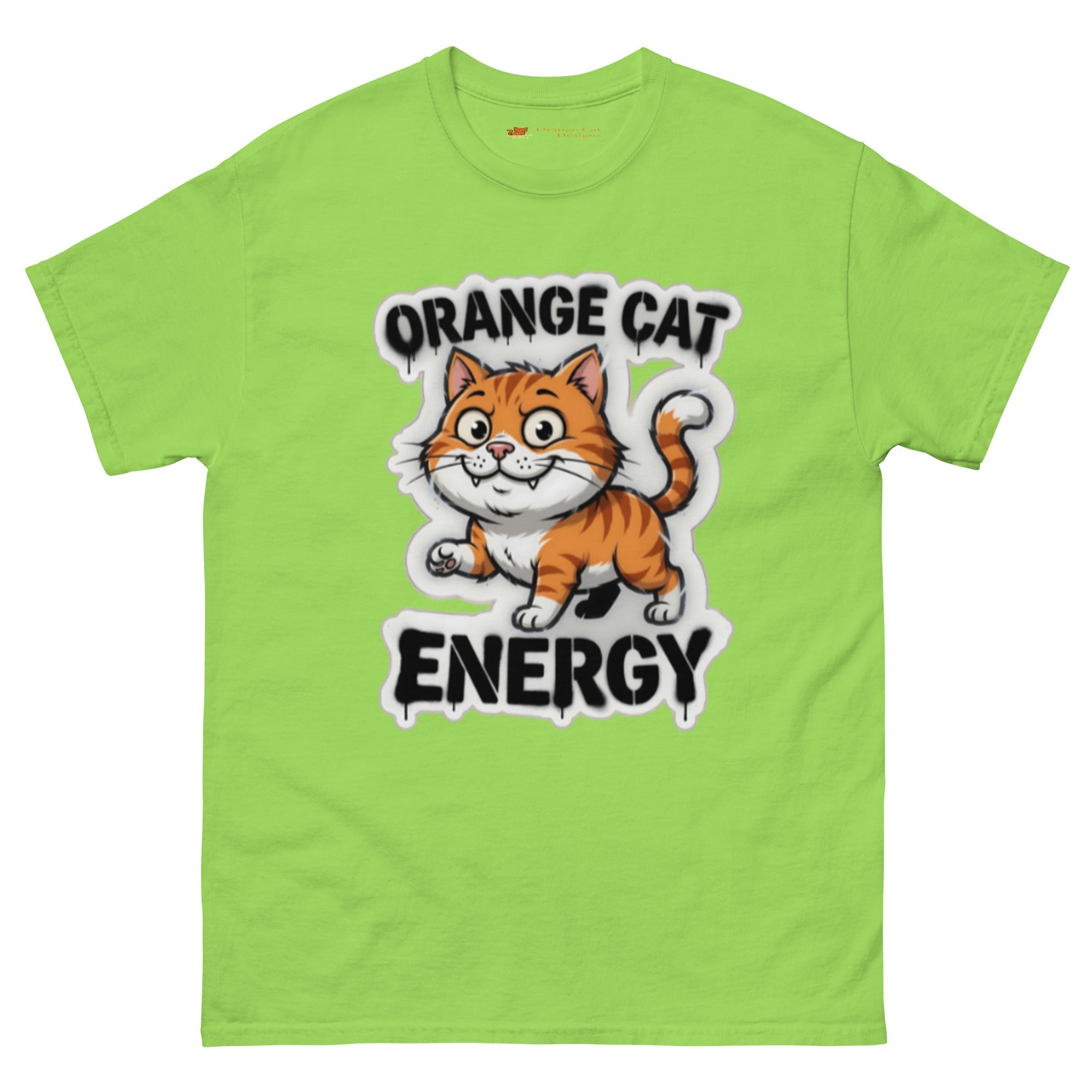 Orange Cat Energy tee — wide-eyed orange tabby mid-launch under drippy graffiti lettering