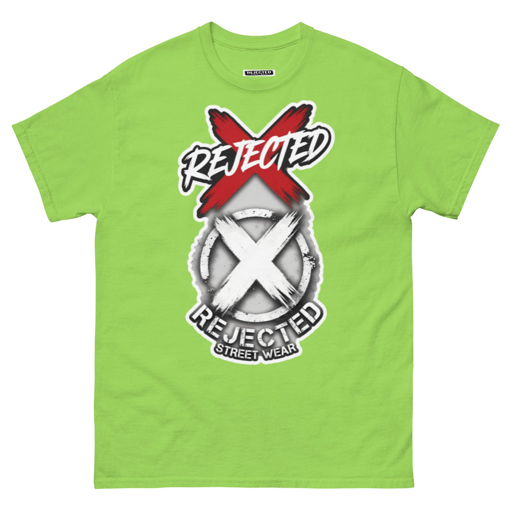 Reject Labels Be Human tee — REJECTED crossed out in red above the X emblem with the word Human underneath