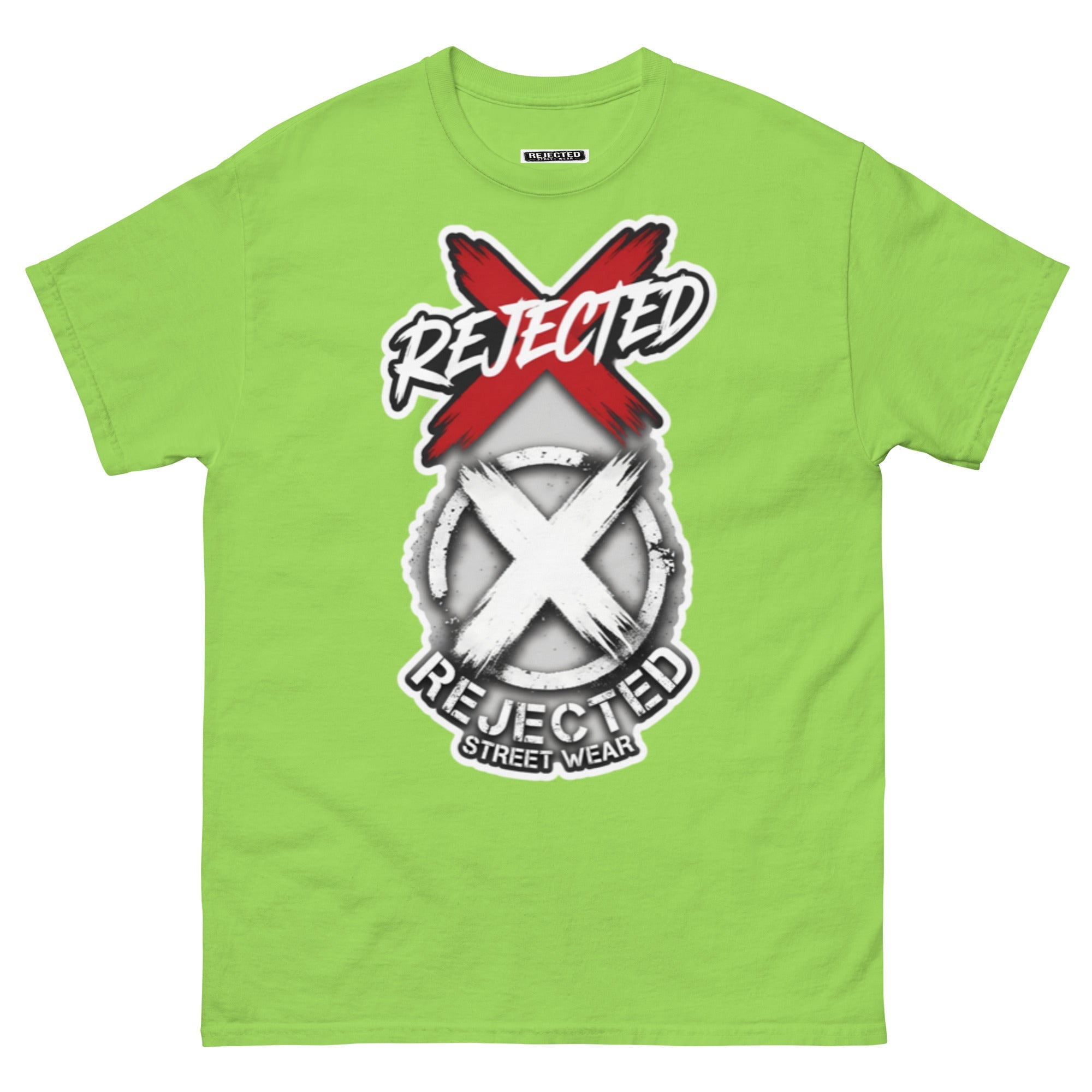 Reject Labels Be Human tee — REJECTED crossed out in red above the X emblem with the word Human underneath