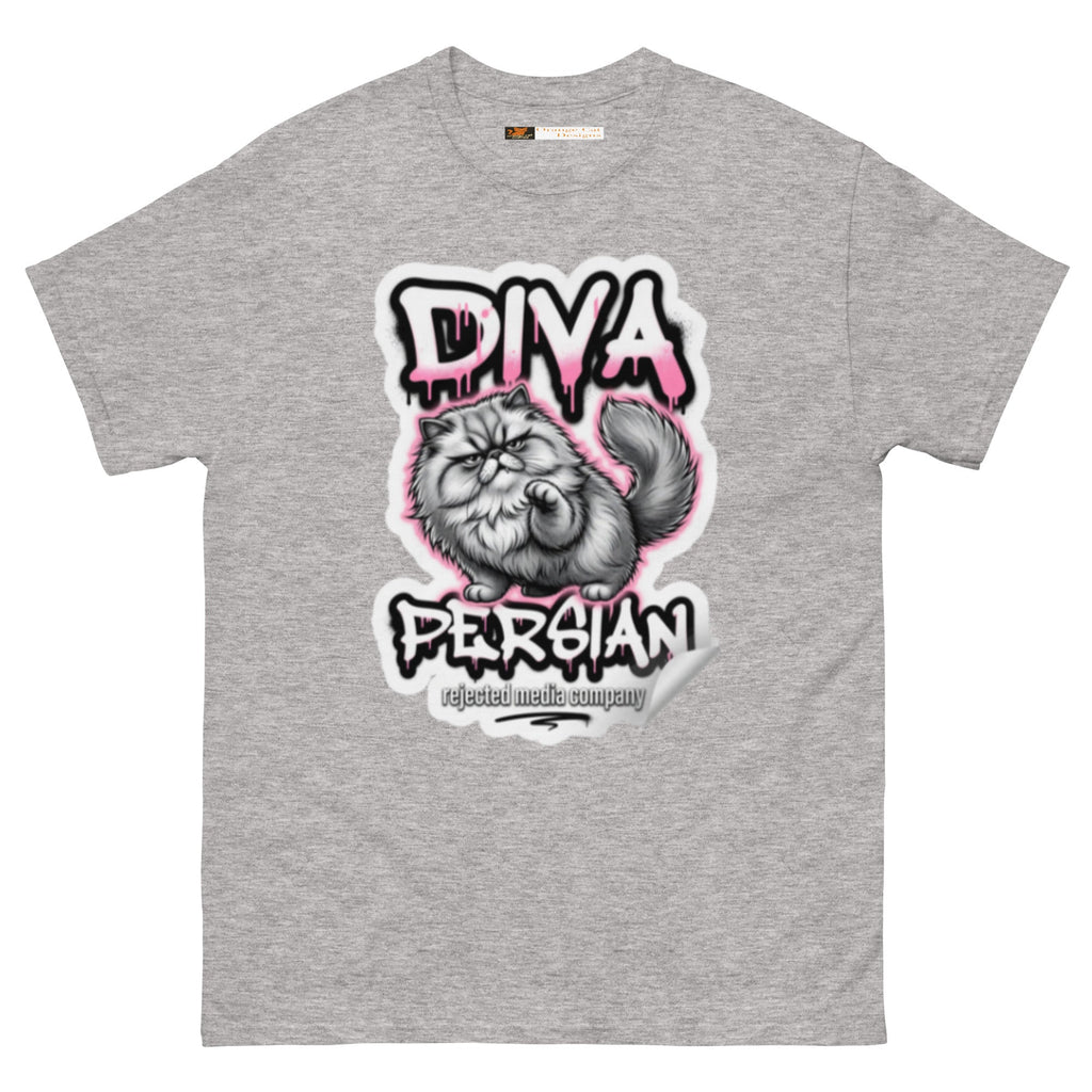 Diva Persian cat tee — fluffed-out Persian cat with an unimpressed face under pink graffiti drip lettering