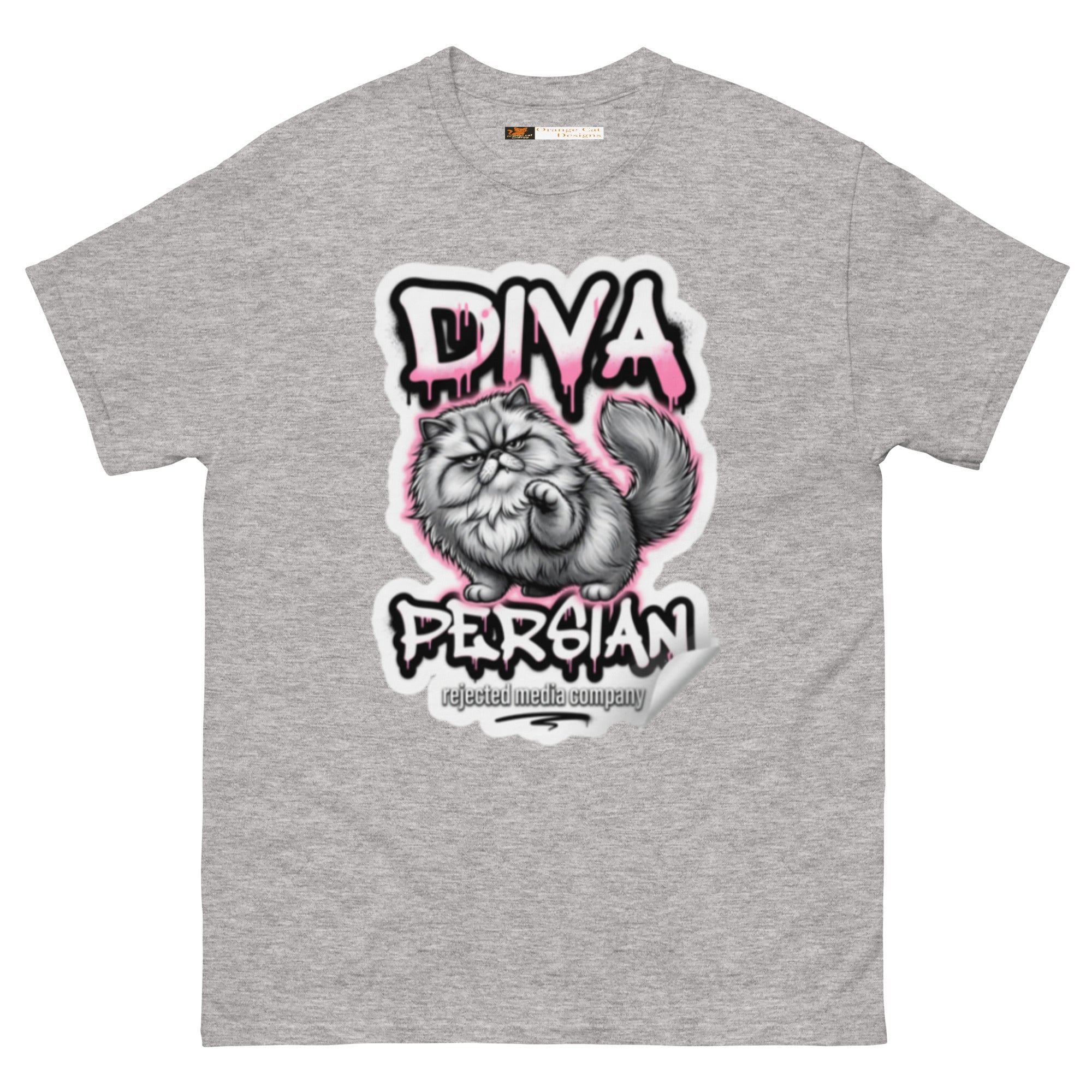 Diva Persian cat tee — fluffed-out Persian cat with an unimpressed face under pink graffiti drip lettering