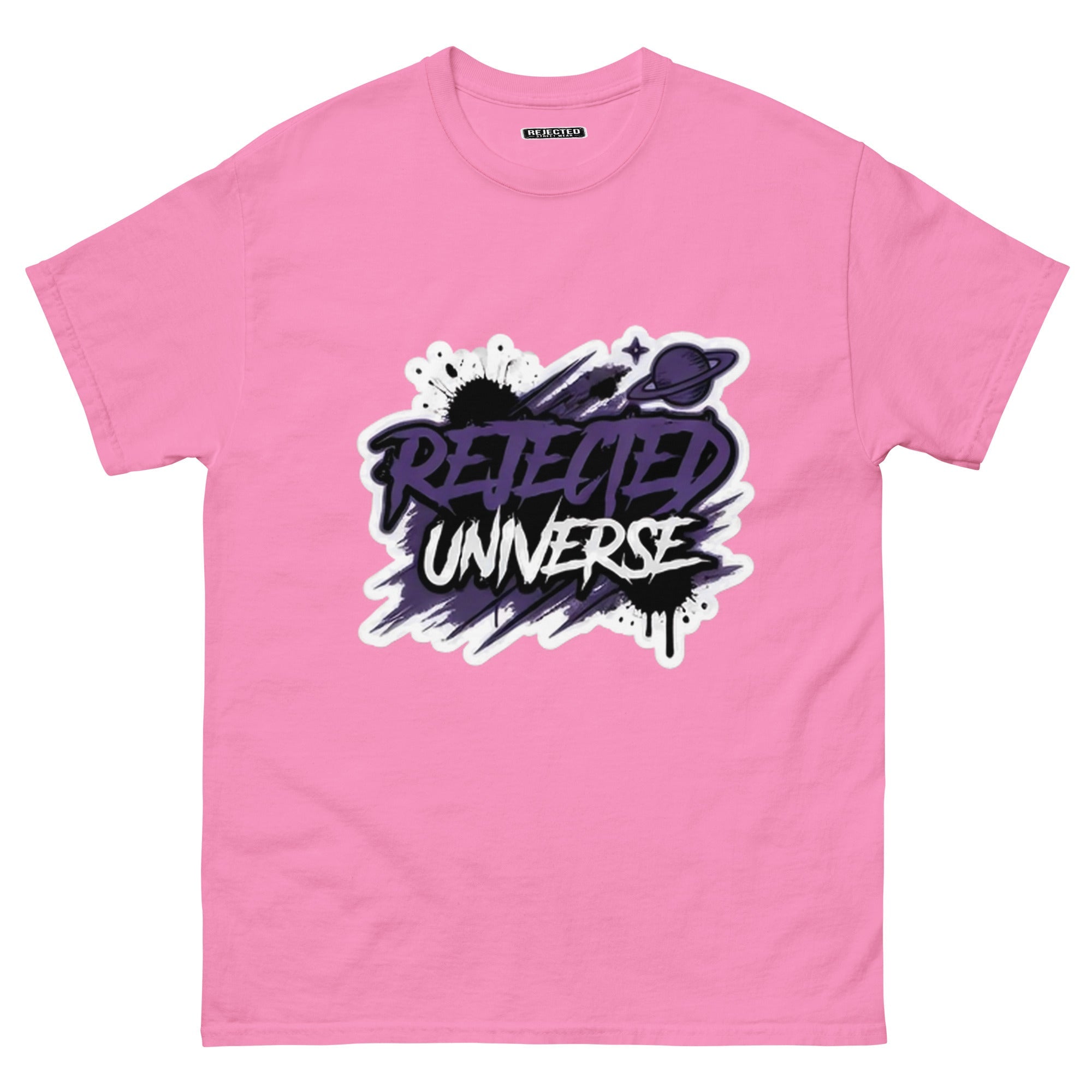 Rejected Universe logo tee in purple — leaning graffiti tag with an orbiting planet and spray splatter