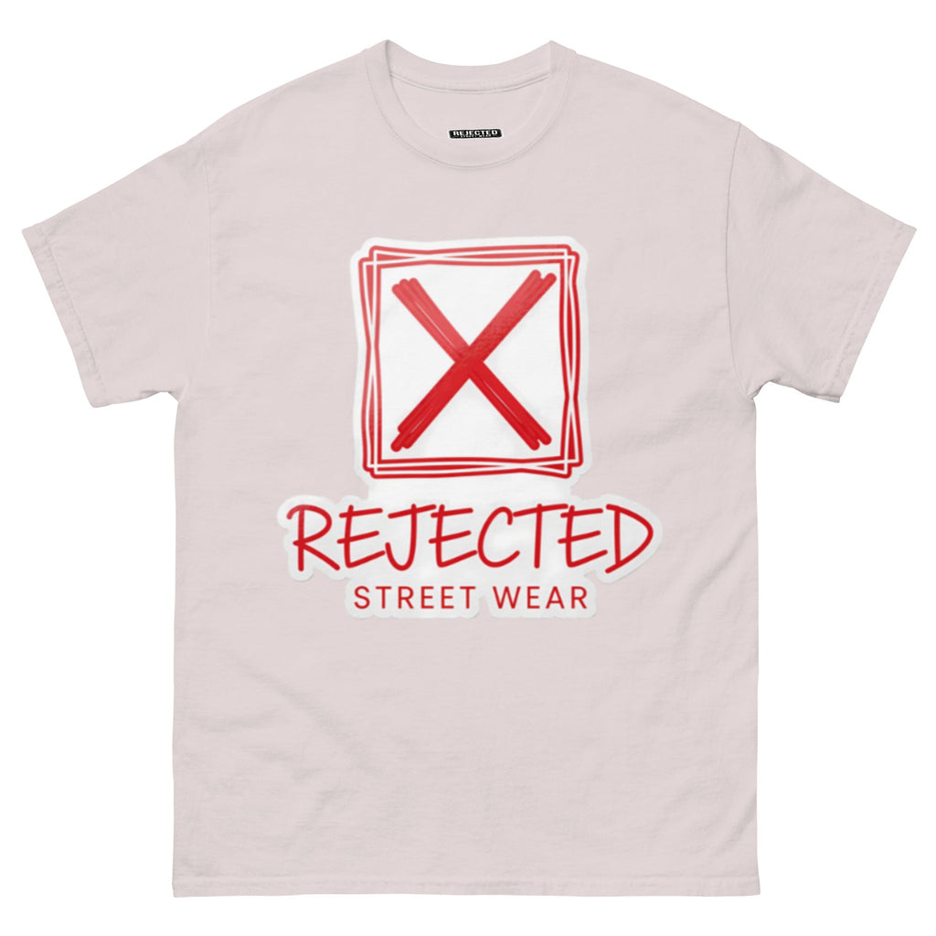 Rejected Street Wear box logo tee — hand-drawn red frame with a brushed X and REJECTED STREET WEAR in red beneath