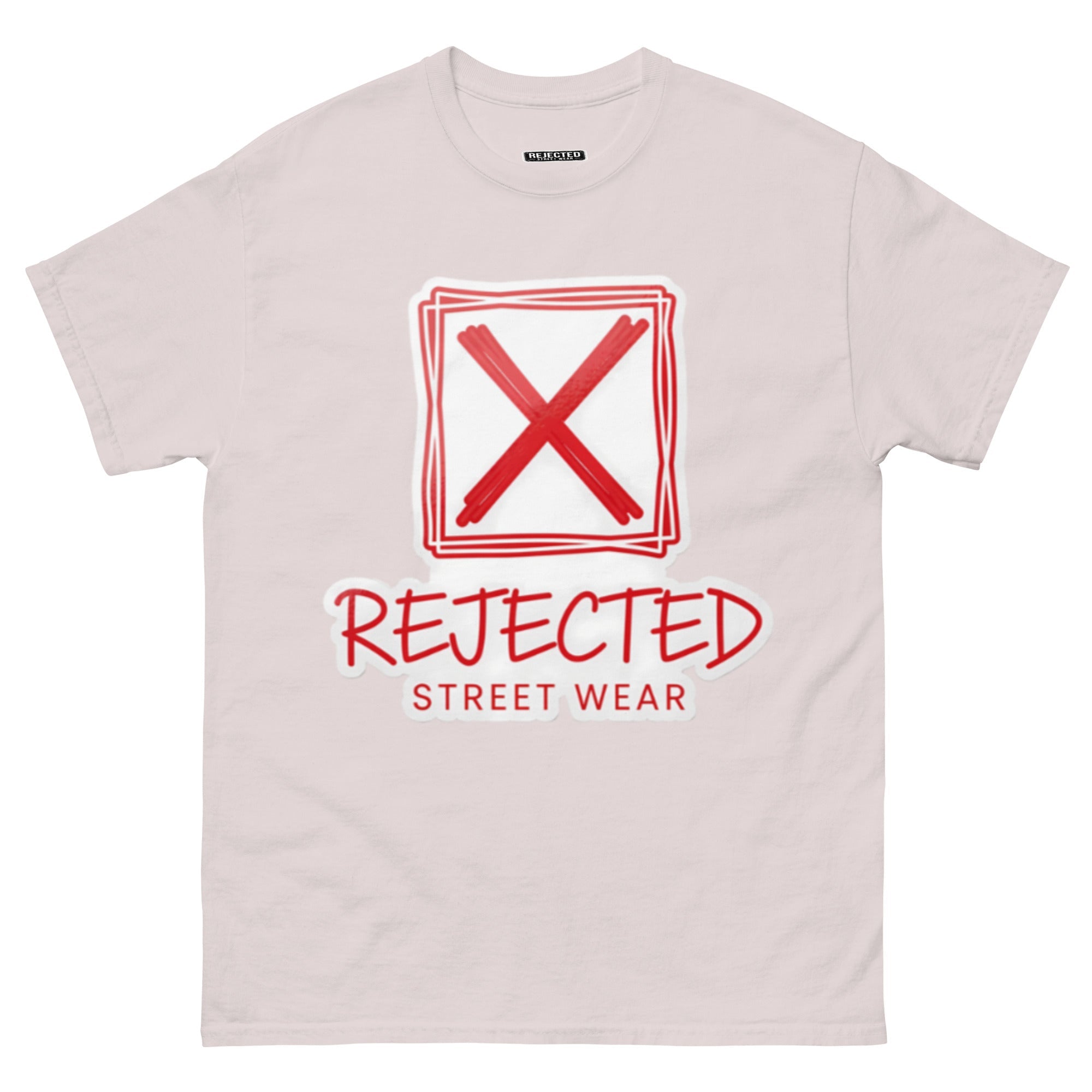 Rejected Street Wear box logo tee — hand-drawn red frame with a brushed X and REJECTED STREET WEAR in red beneath
