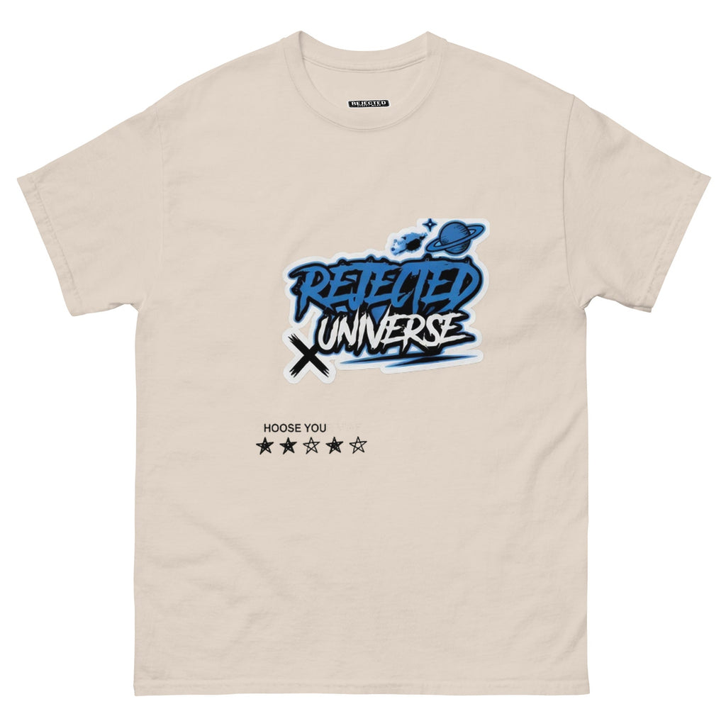 Rejected Universe logo tee in blue — graffiti tag with a planet and trailing stars